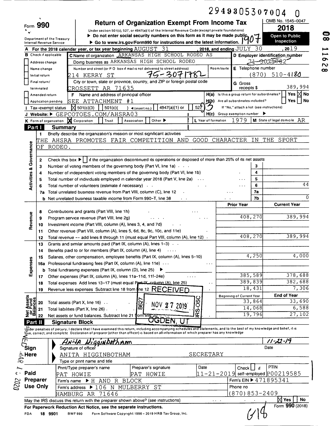 Image of first page of 2018 Form 990 for Ar High School Rodeo Association (AHSRA)