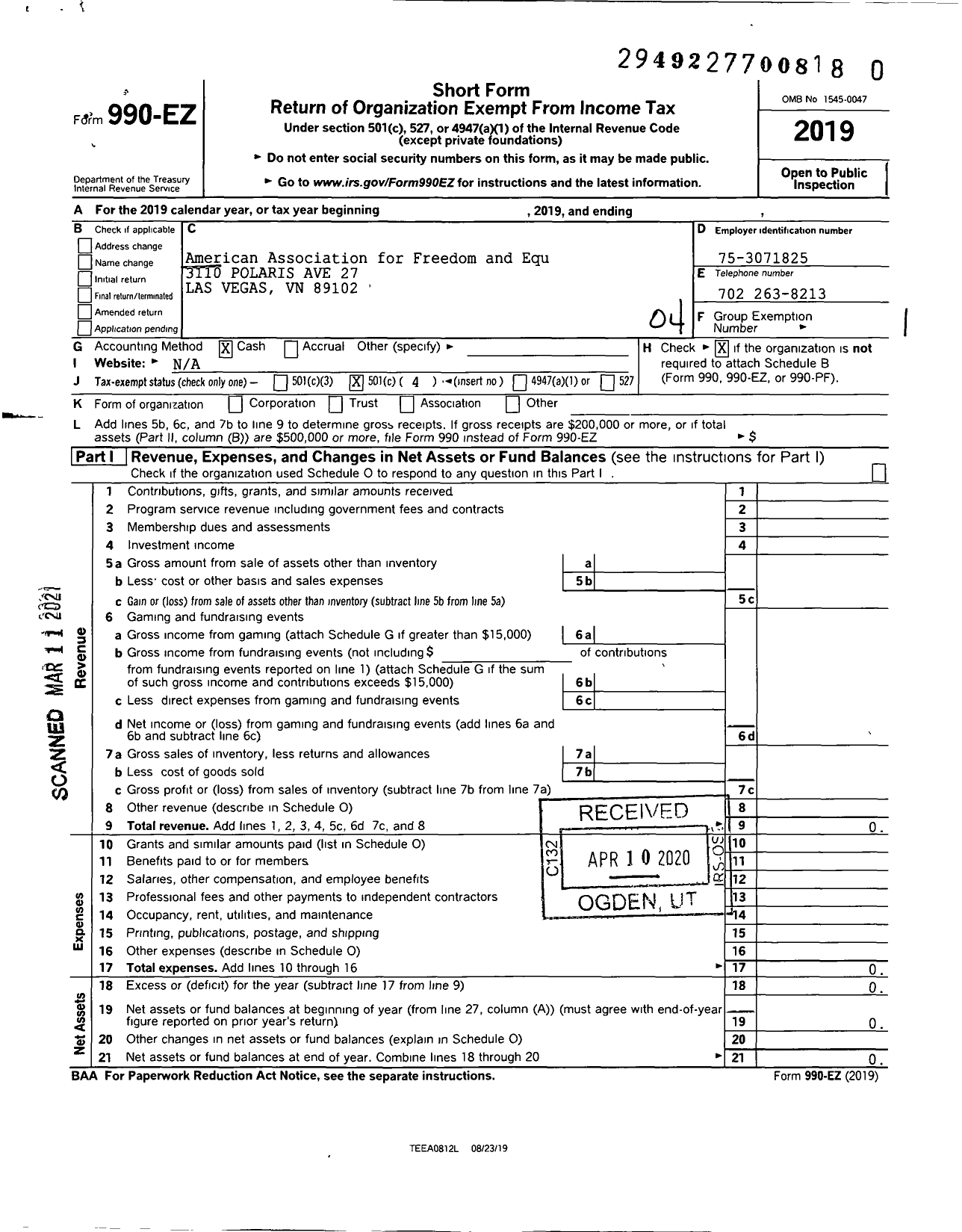 Image of first page of 2019 Form 990EO for Americans for Freedom