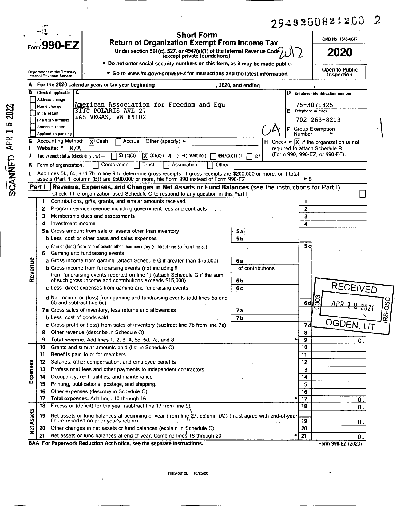 Image of first page of 2020 Form 990EO for Americans for Freedom