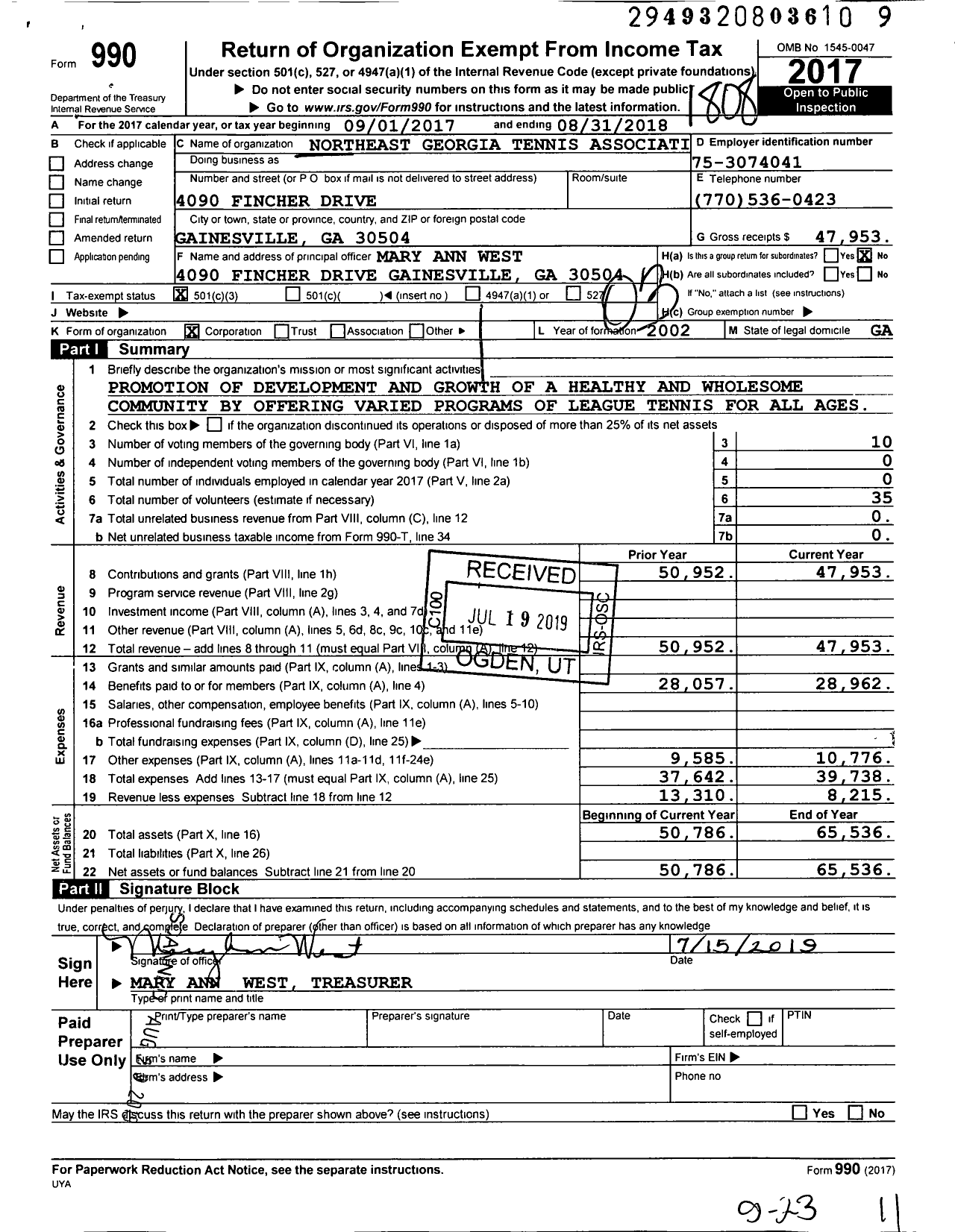 Image of first page of 2017 Form 990 for Northeast Georgia Tennis Association