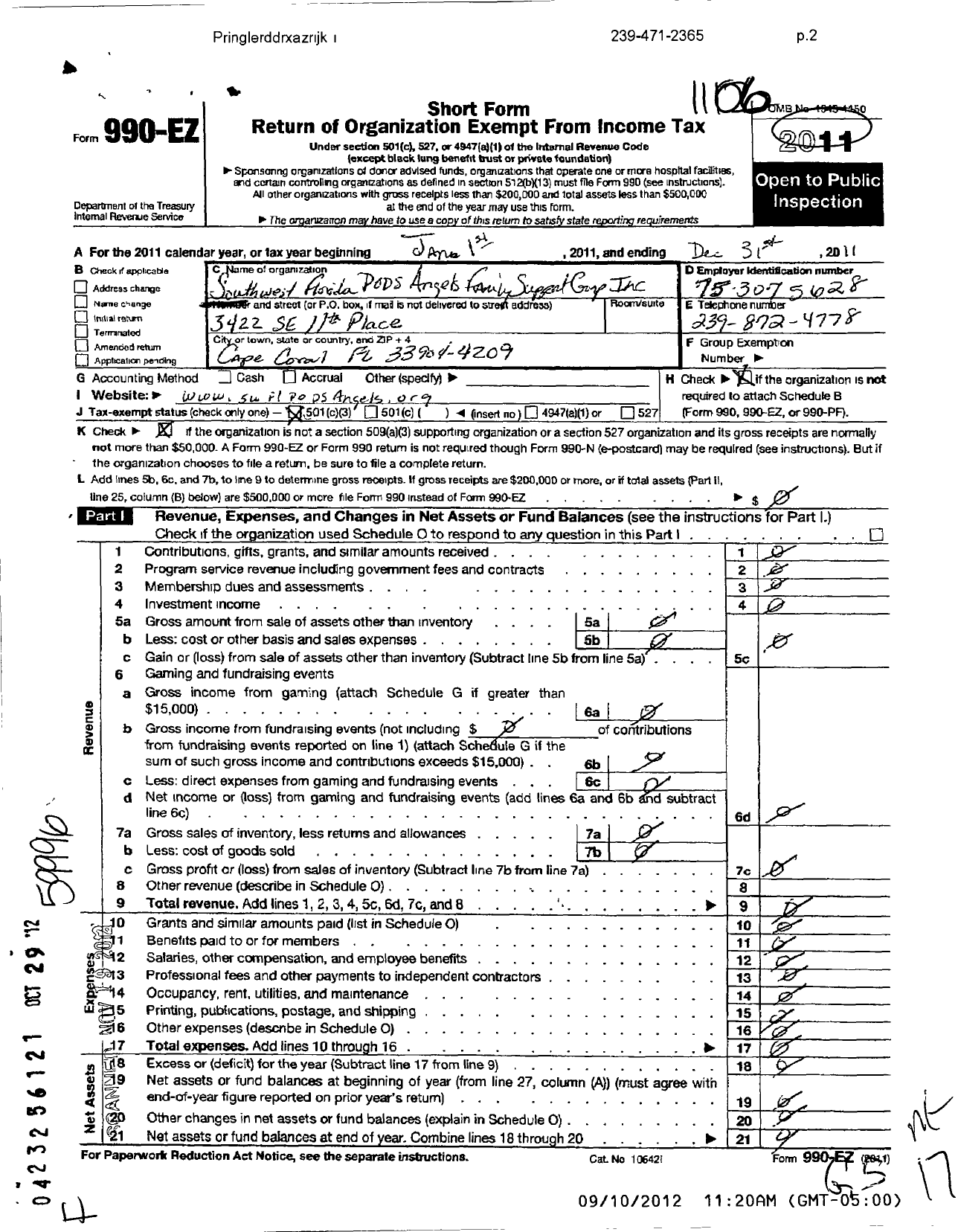 Image of first page of 2011 Form 990EZ for South West Florida Pods Angels Family Support Group