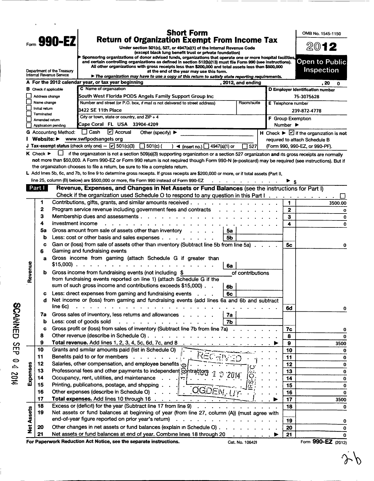 Image of first page of 2012 Form 990EZ for South West Florida Pods Angels Family Support Group