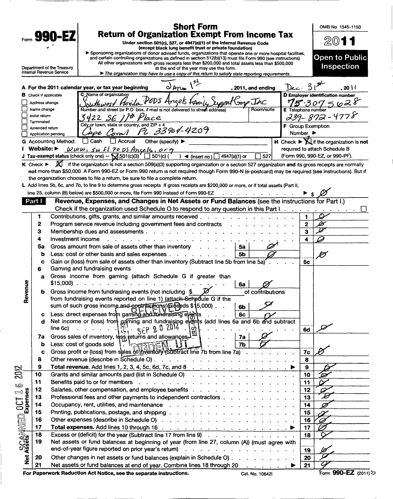 Image of first page of 2011 Form 990EZ for South West Florida Pods Angels Family Support Group