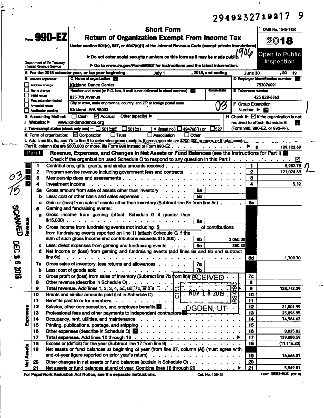 Image of first page of 2018 Form 990EZ for Kirkland Dance Center