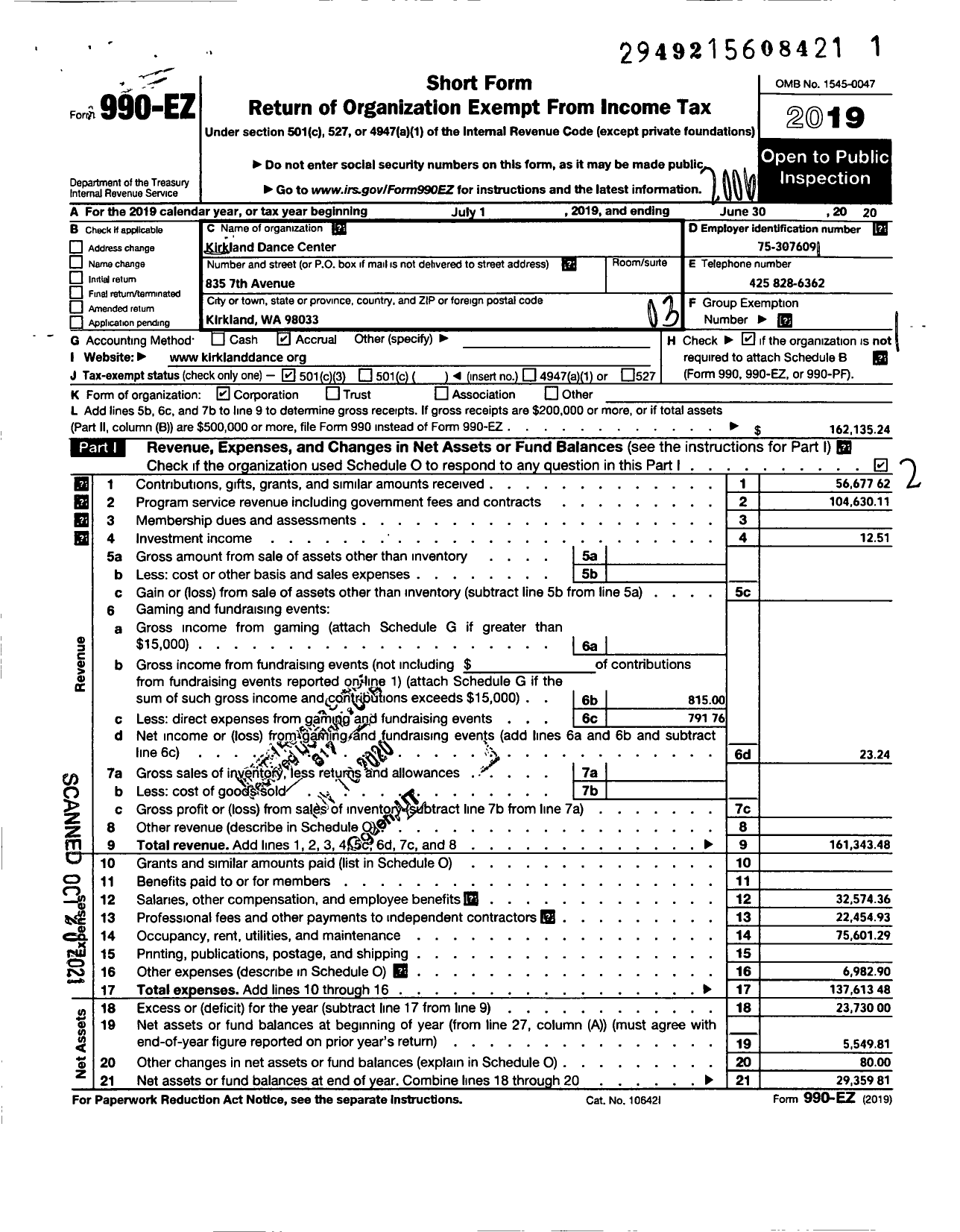 Image of first page of 2019 Form 990EZ for Kirkland Dance Center