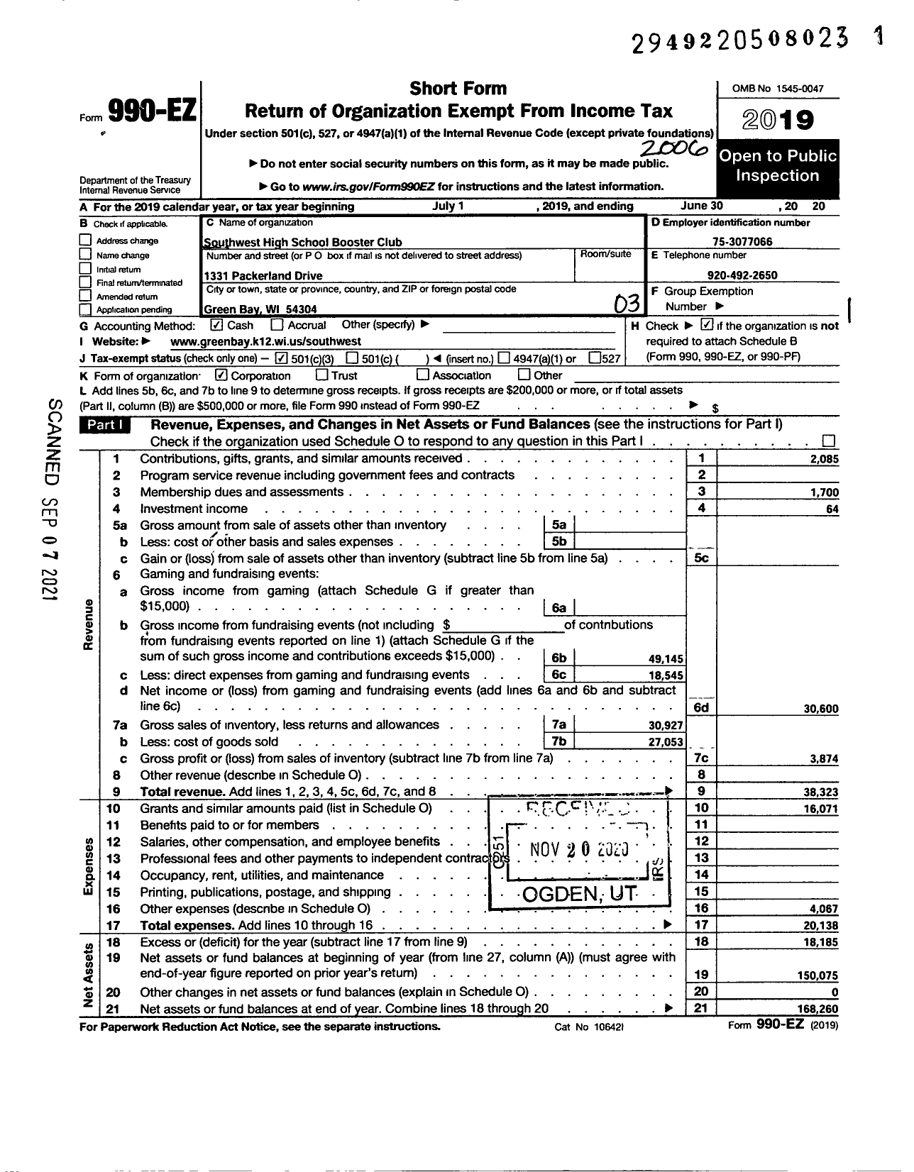 Image of first page of 2019 Form 990EZ for Southwest High School Booster Club