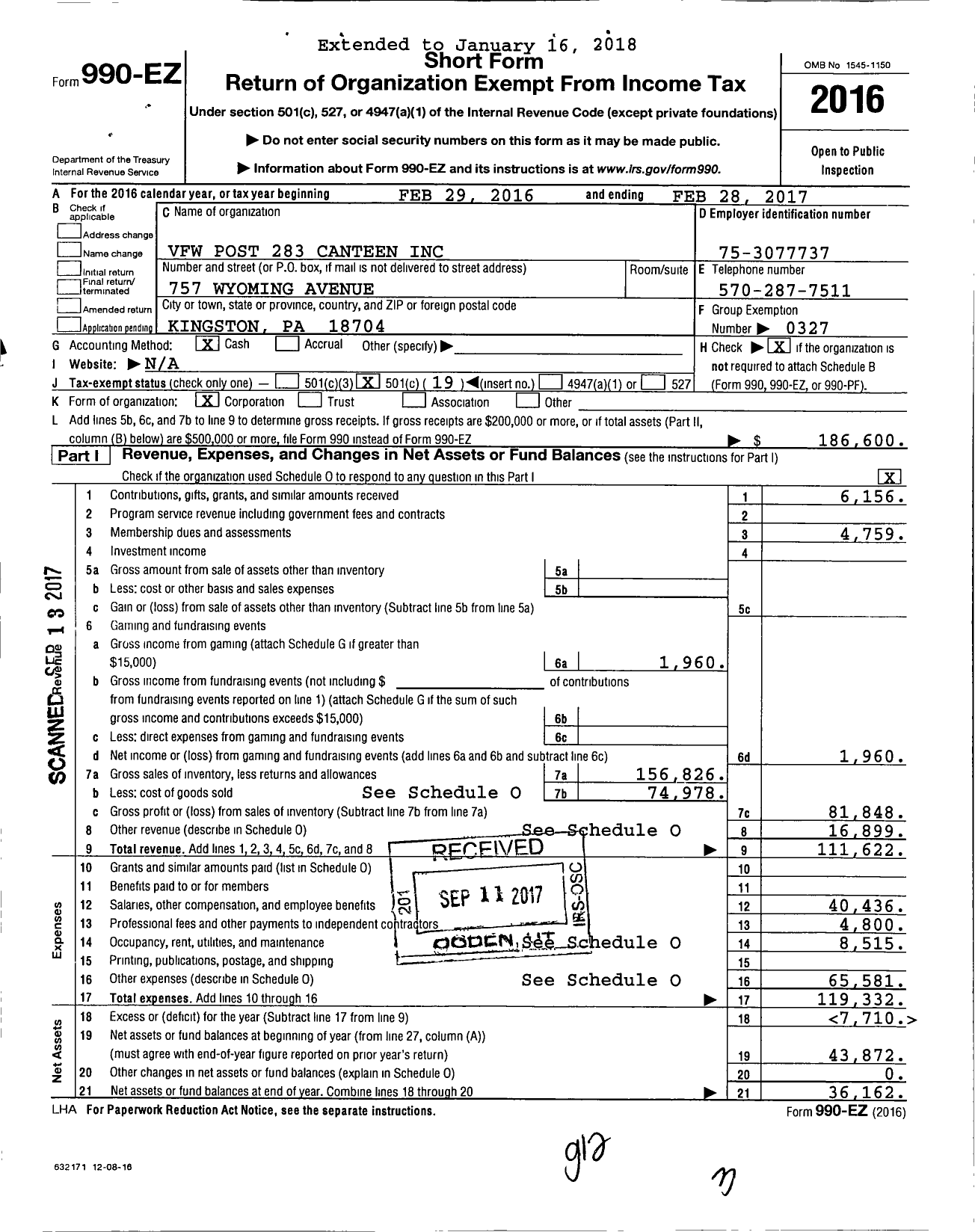 Image of first page of 2016 Form 990EO for VFW Post 283 Canteen