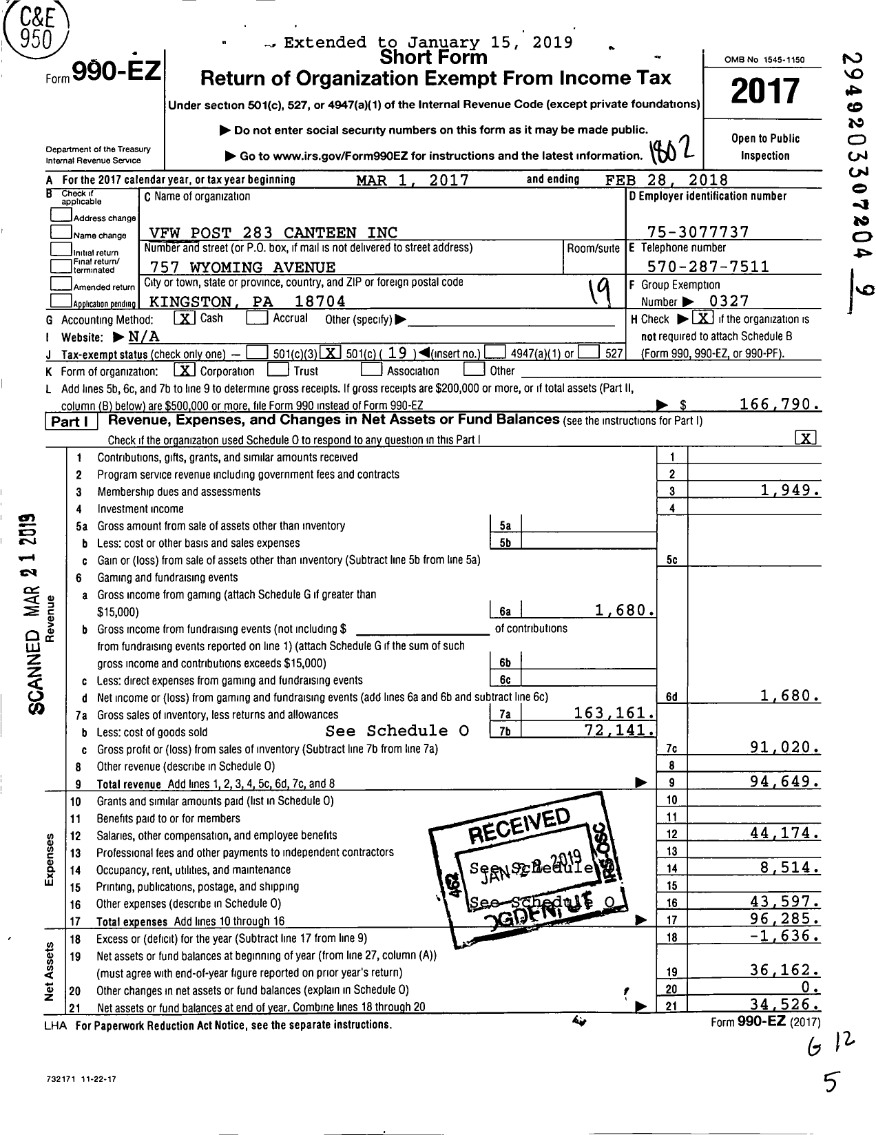 Image of first page of 2017 Form 990EO for VFW Post 283 Canteen