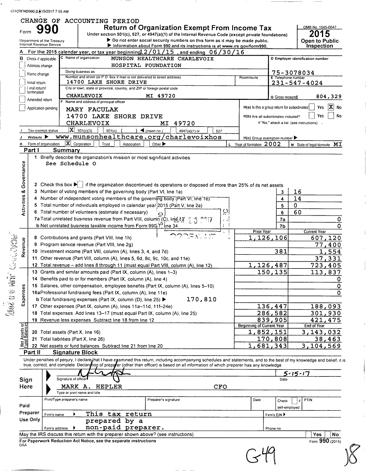 Image of first page of 2015 Form 990 for Munson Healthcare Charlevoix Hospital Foundation