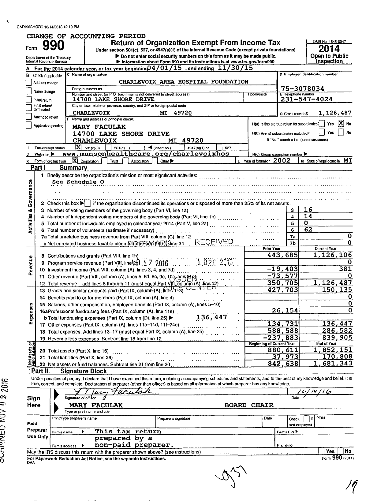 Image of first page of 2014 Form 990 for Munson Healthcare Charlevoix Hospital Foundation