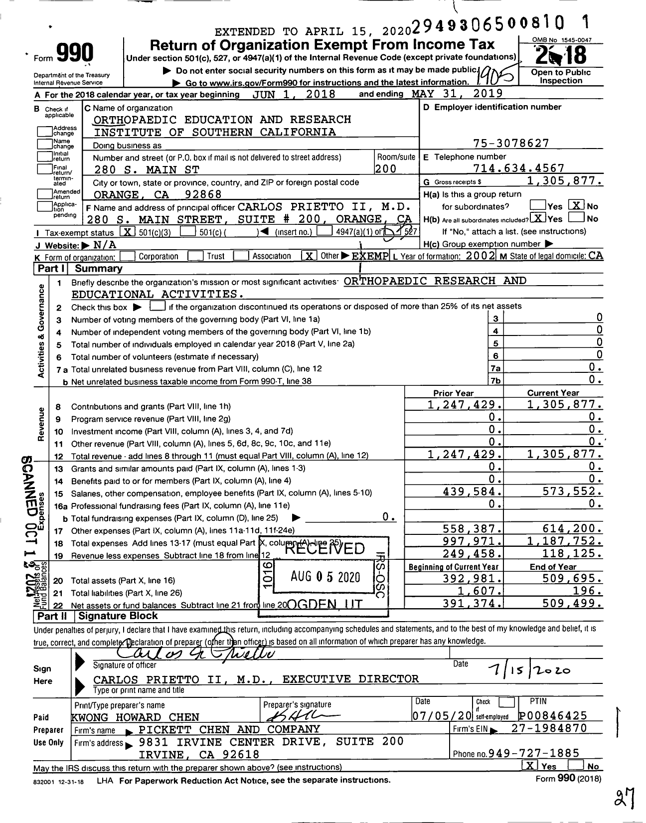 Image of first page of 2018 Form 990 for Orthopaedic Education and Research Institute of Southern California