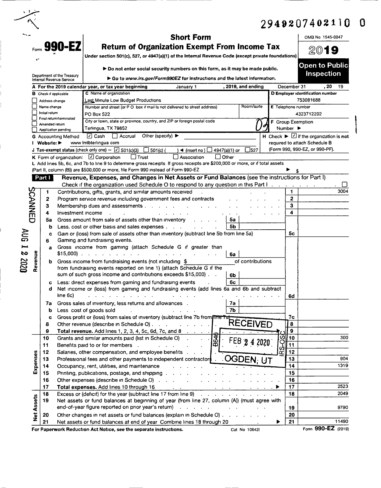 Image of first page of 2019 Form 990EZ for Last Minute Low Budget Productions