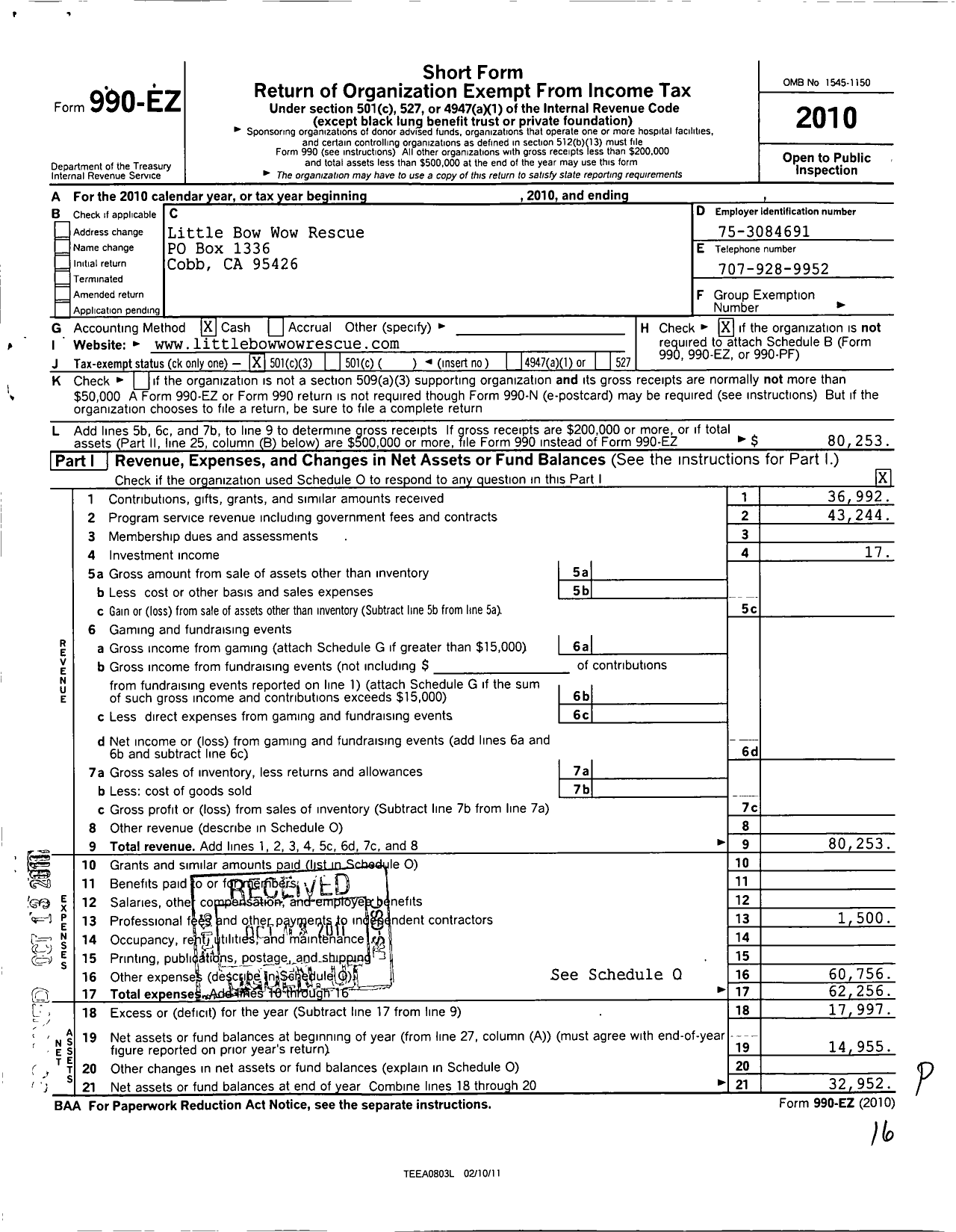 Image of first page of 2010 Form 990EZ for Little Bow Wow Rescue