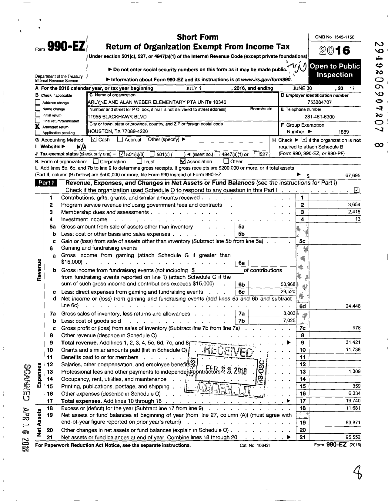 Image of first page of 2016 Form 990EZ for Texas PTA - 10346 Weber Elementary