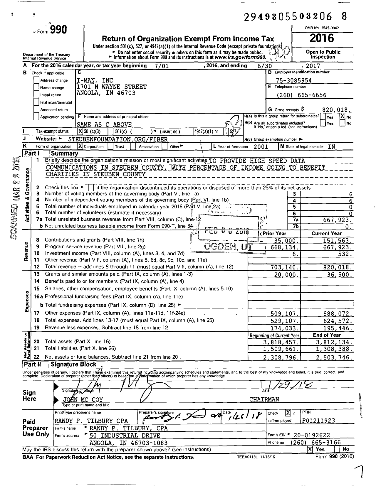 Image of first page of 2016 Form 990 for I-Man