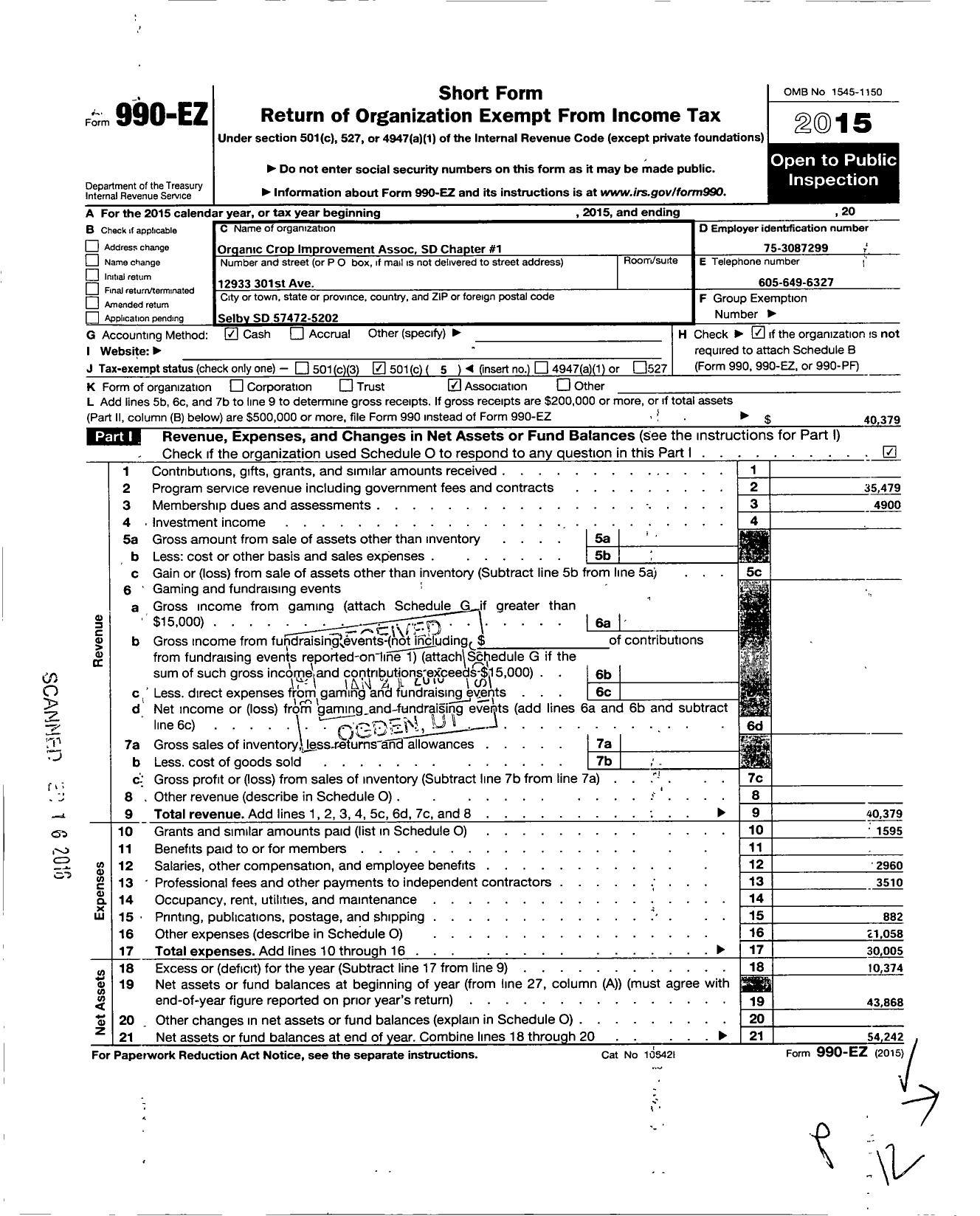 Image of first page of 2015 Form 990EO for Organic Crop Improvement Association South Dakota Chapter No 1