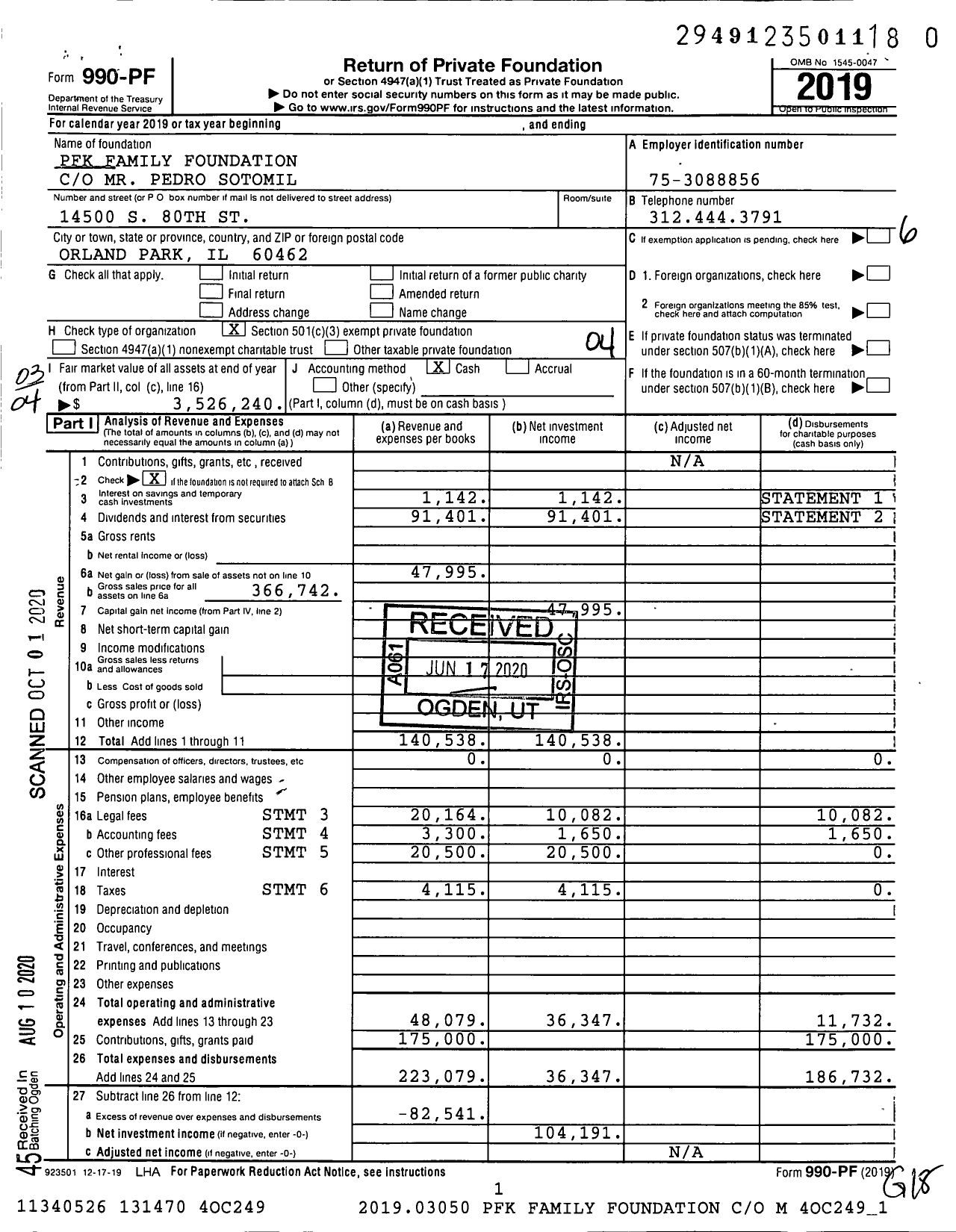 Image of first page of 2019 Form 990PR for PFK Family Foundation