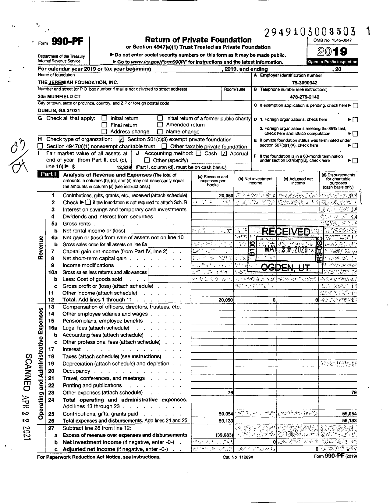 Image of first page of 2019 Form 990PF for Jeremiah Foundation