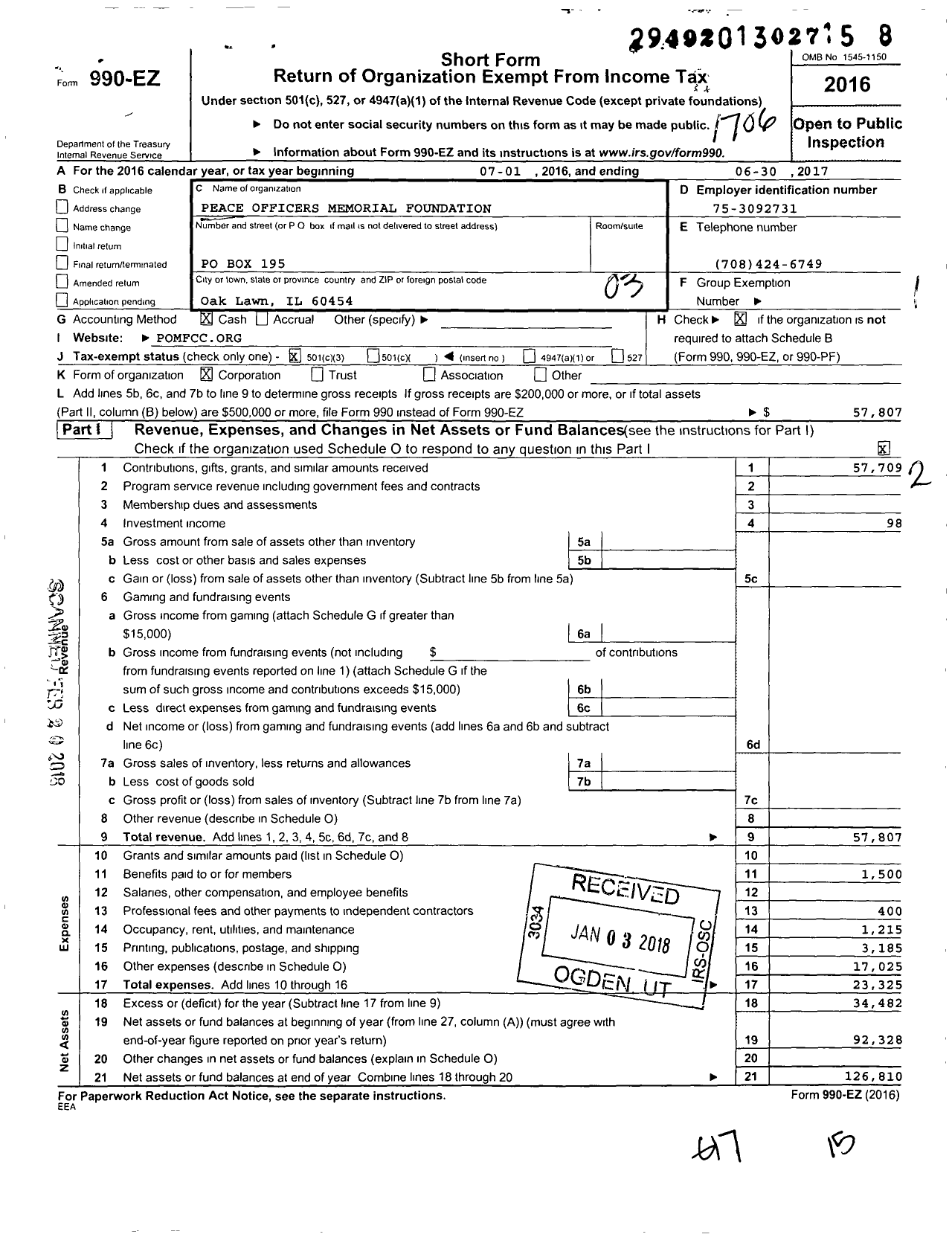 Image of first page of 2016 Form 990EZ for Peace Officers Memorial Foundation