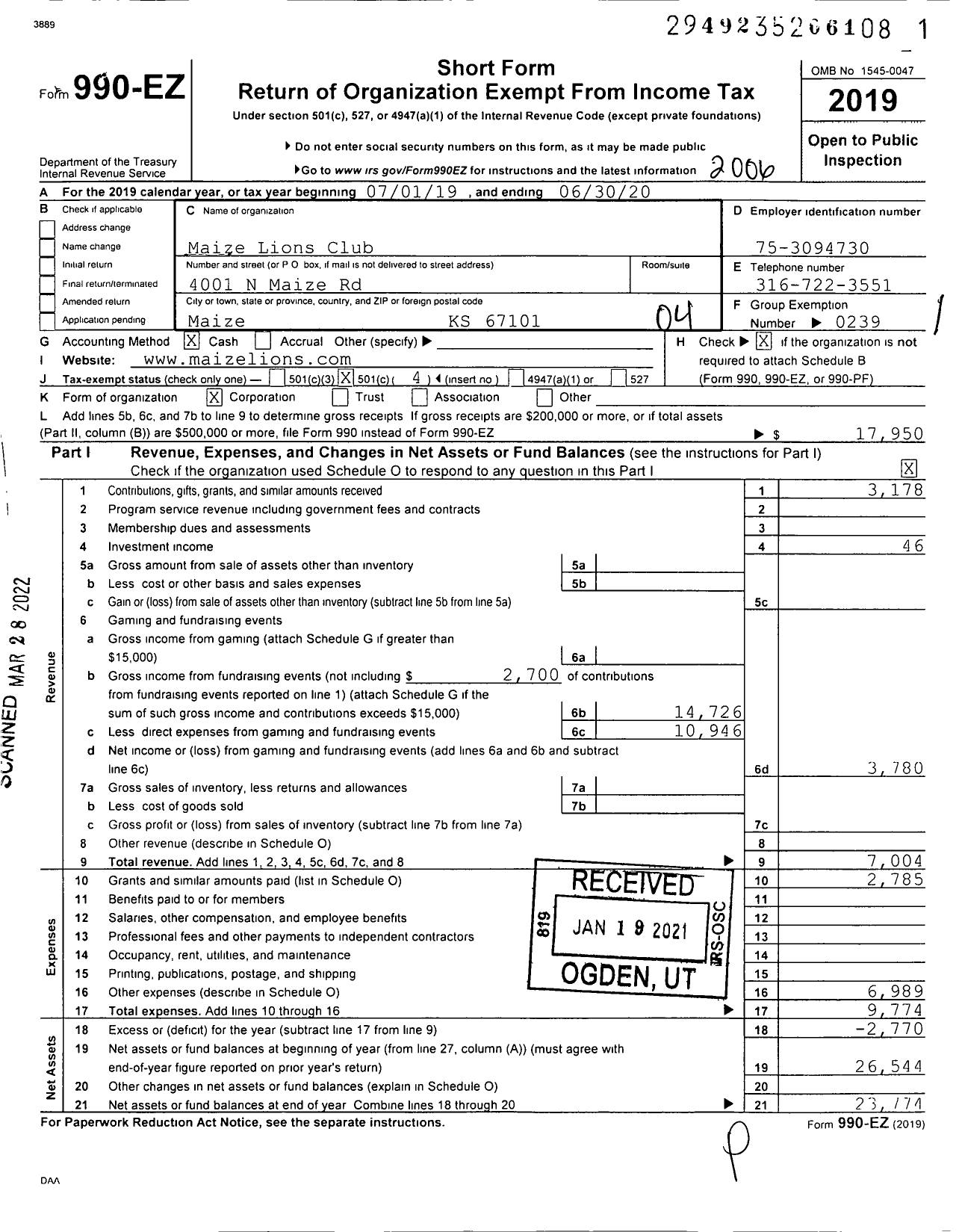 Image of first page of 2019 Form 990EO for Lions Clubs - 66772 Maize