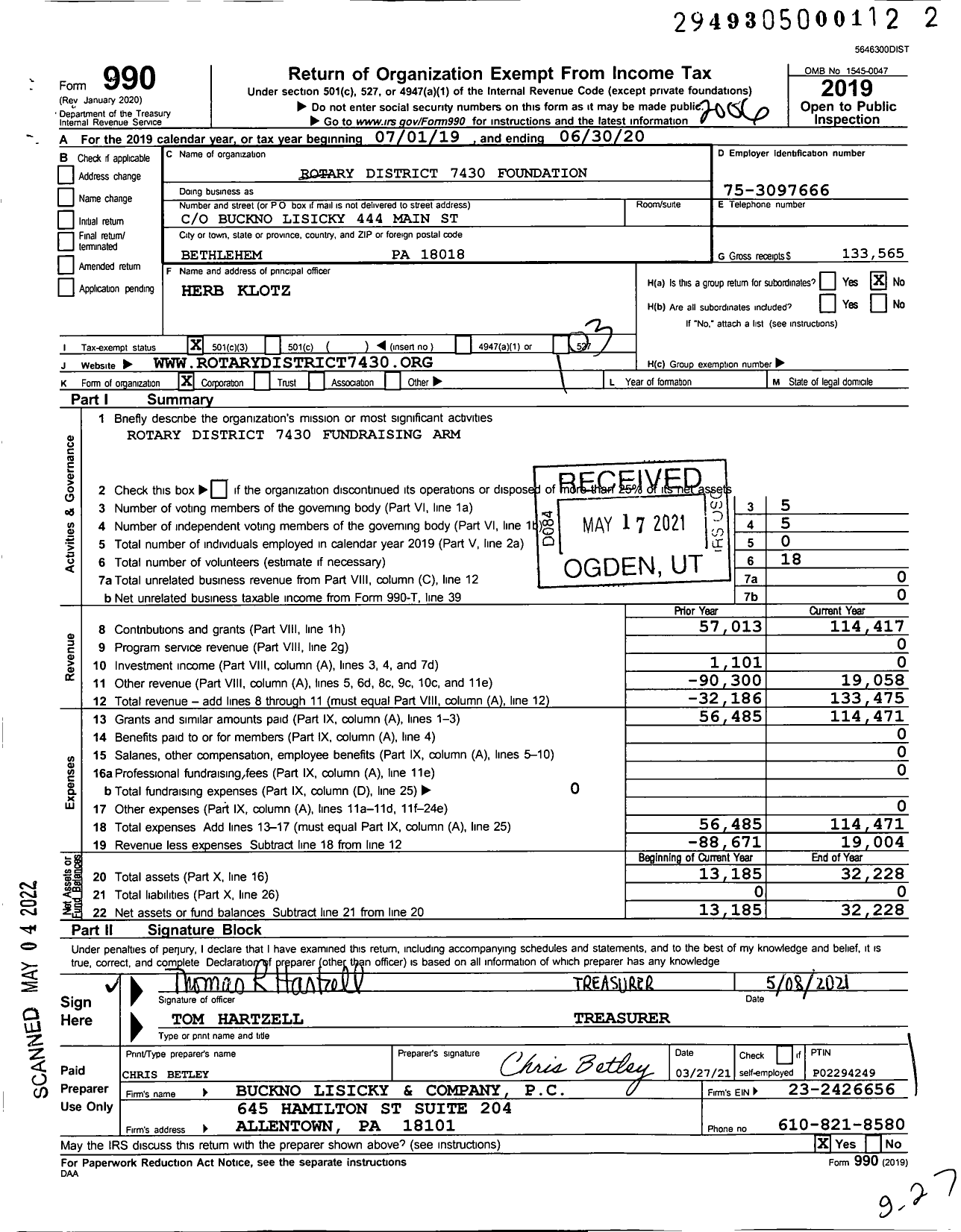 Image of first page of 2019 Form 990 for District 7430 Foundation