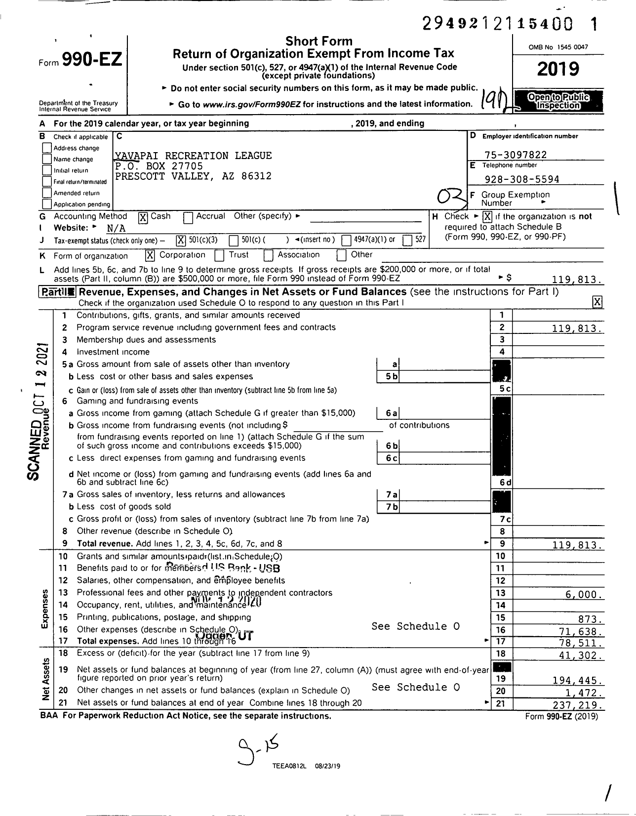 Image of first page of 2019 Form 990EZ for Yavapai Recreation League