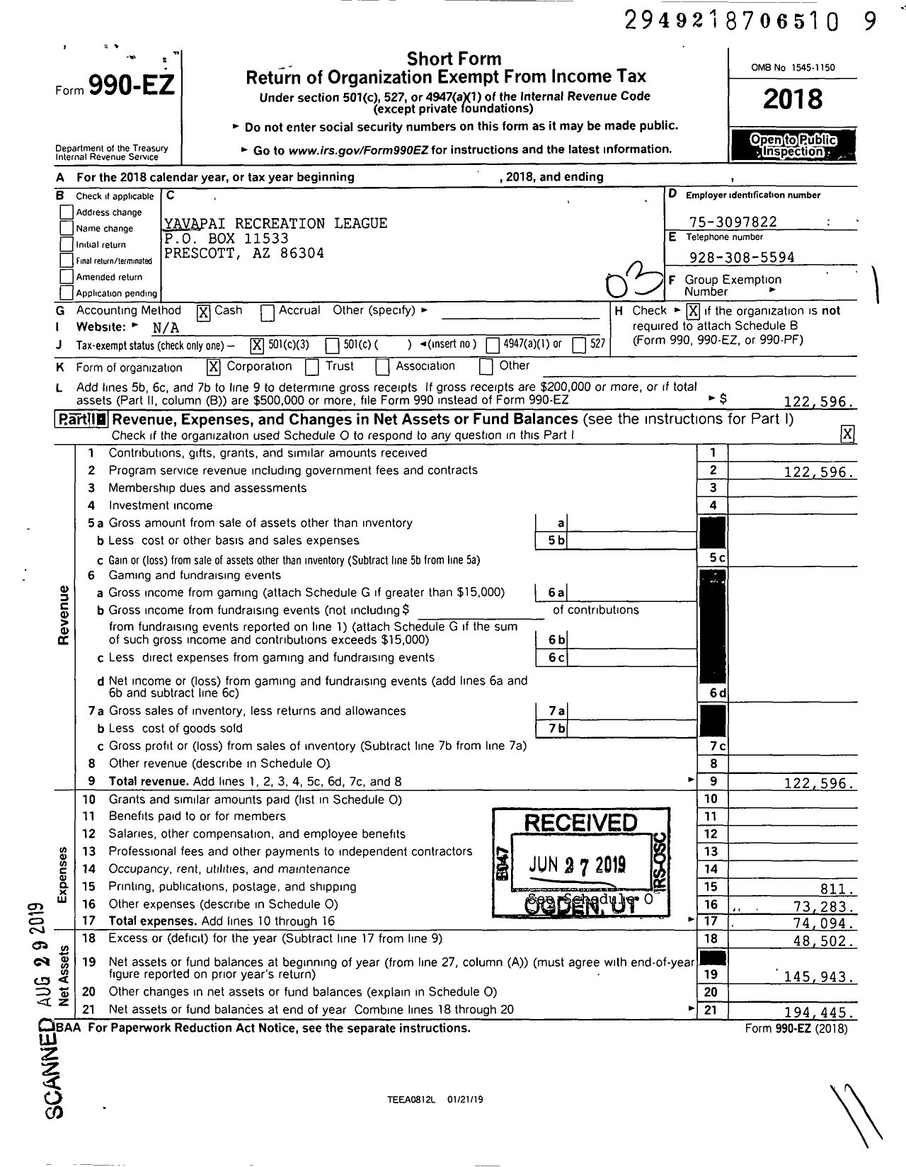 Image of first page of 2018 Form 990EZ for Yavapai Recreation League