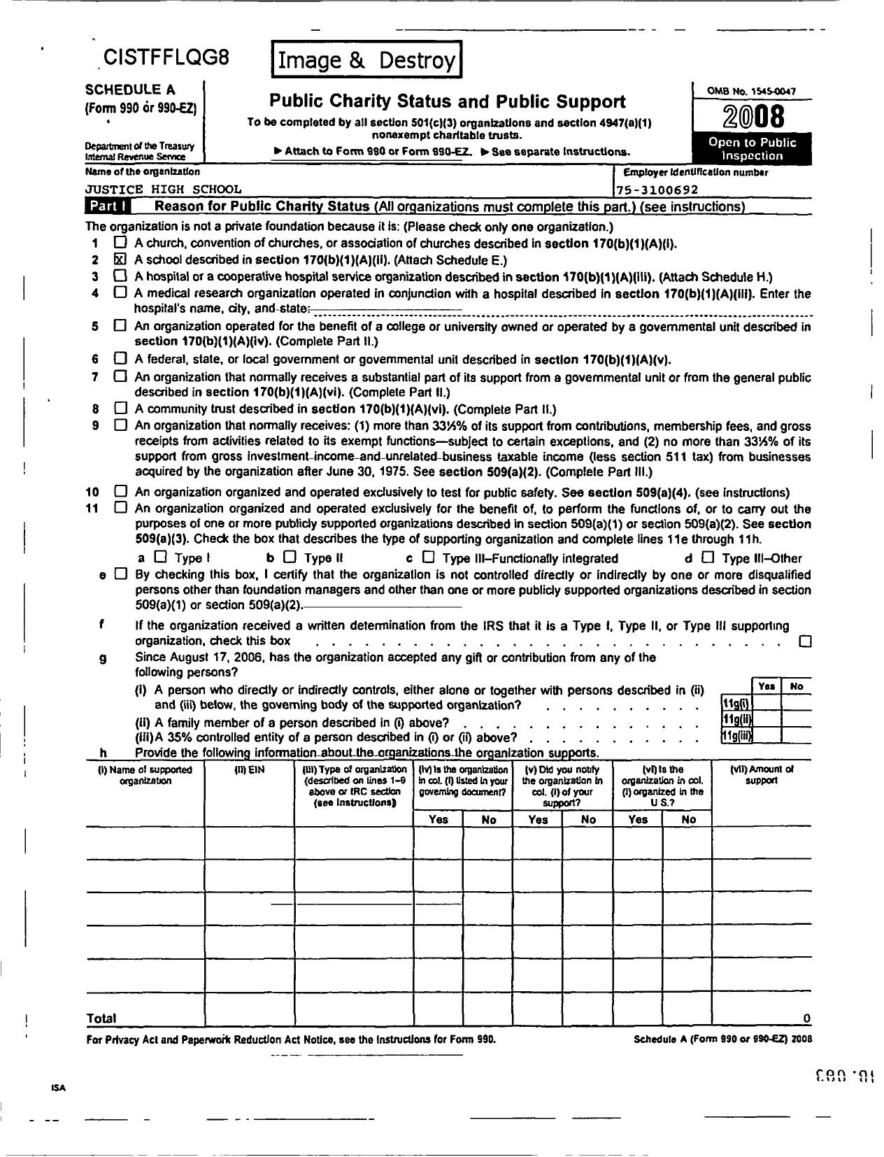 Image of first page of 2008 Form 990ER for Justice High School