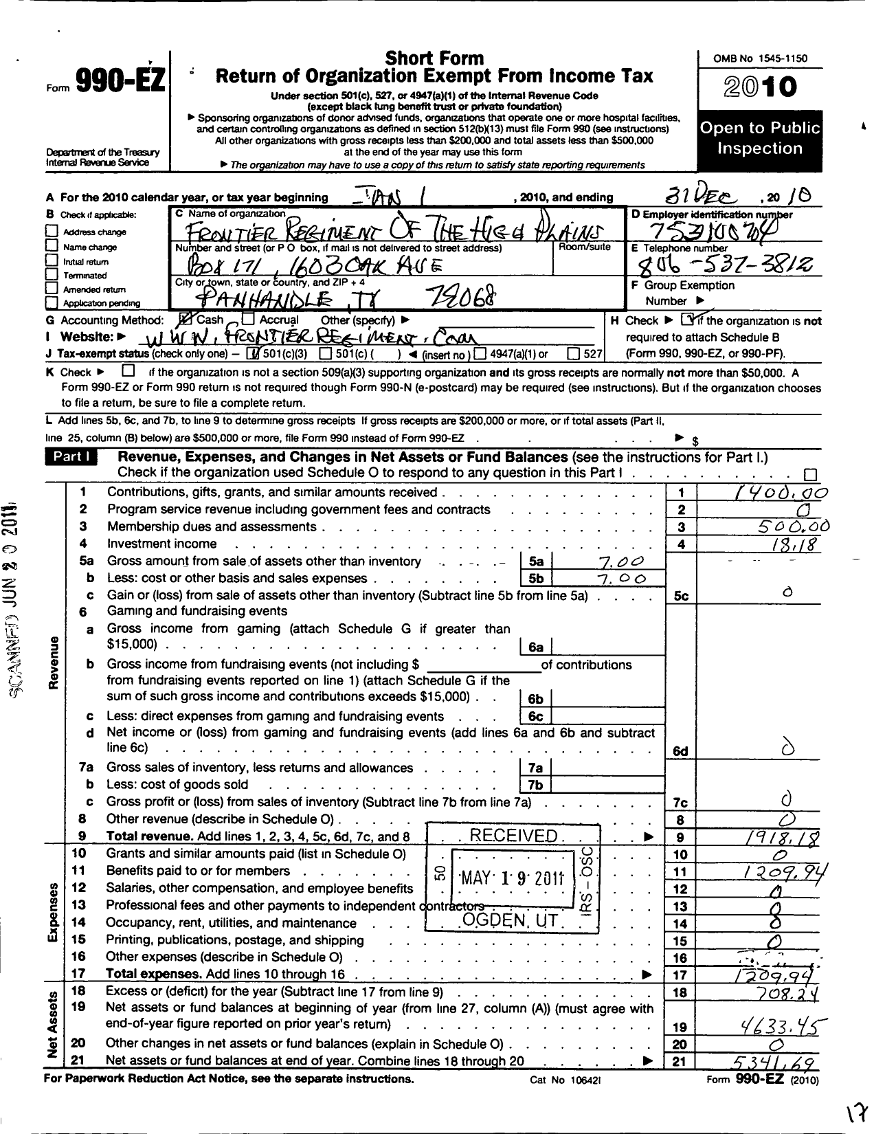 Image of first page of 2010 Form 990EZ for Frontier Regiment of the High Plains