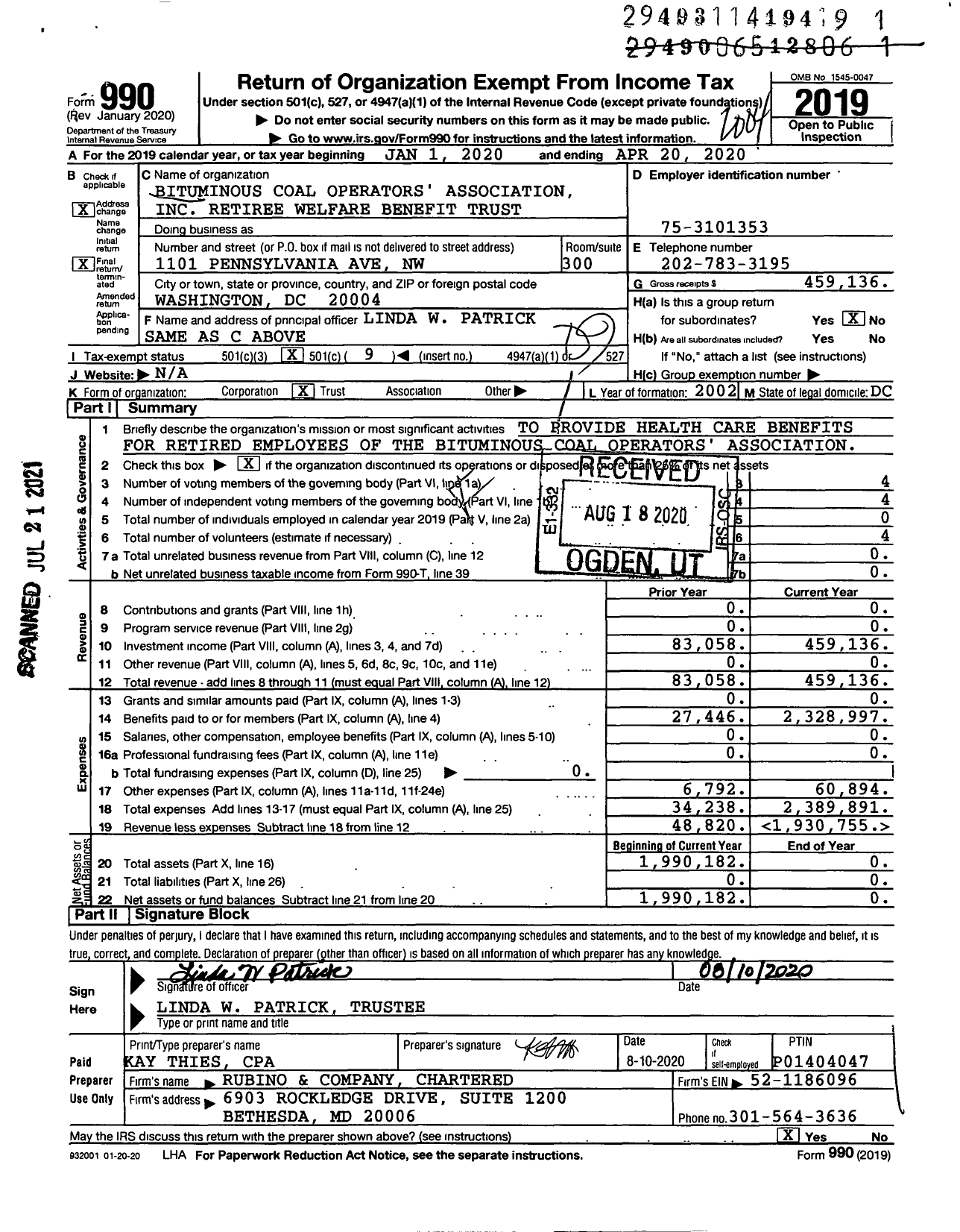 Image of first page of 2019 Form 990O for Bituminous Coal Operators' Association Retiree Welfare Benefit Trust