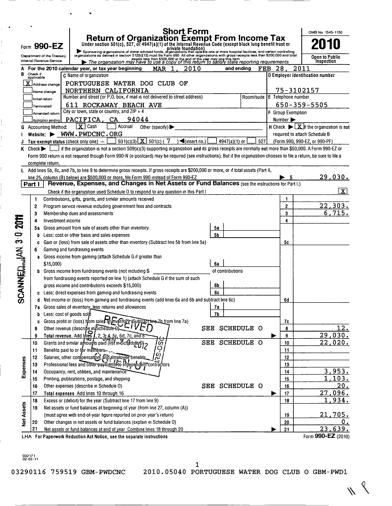 Image of first page of 2010 Form 990EO for Portuguese Water Dog Club of Northern California