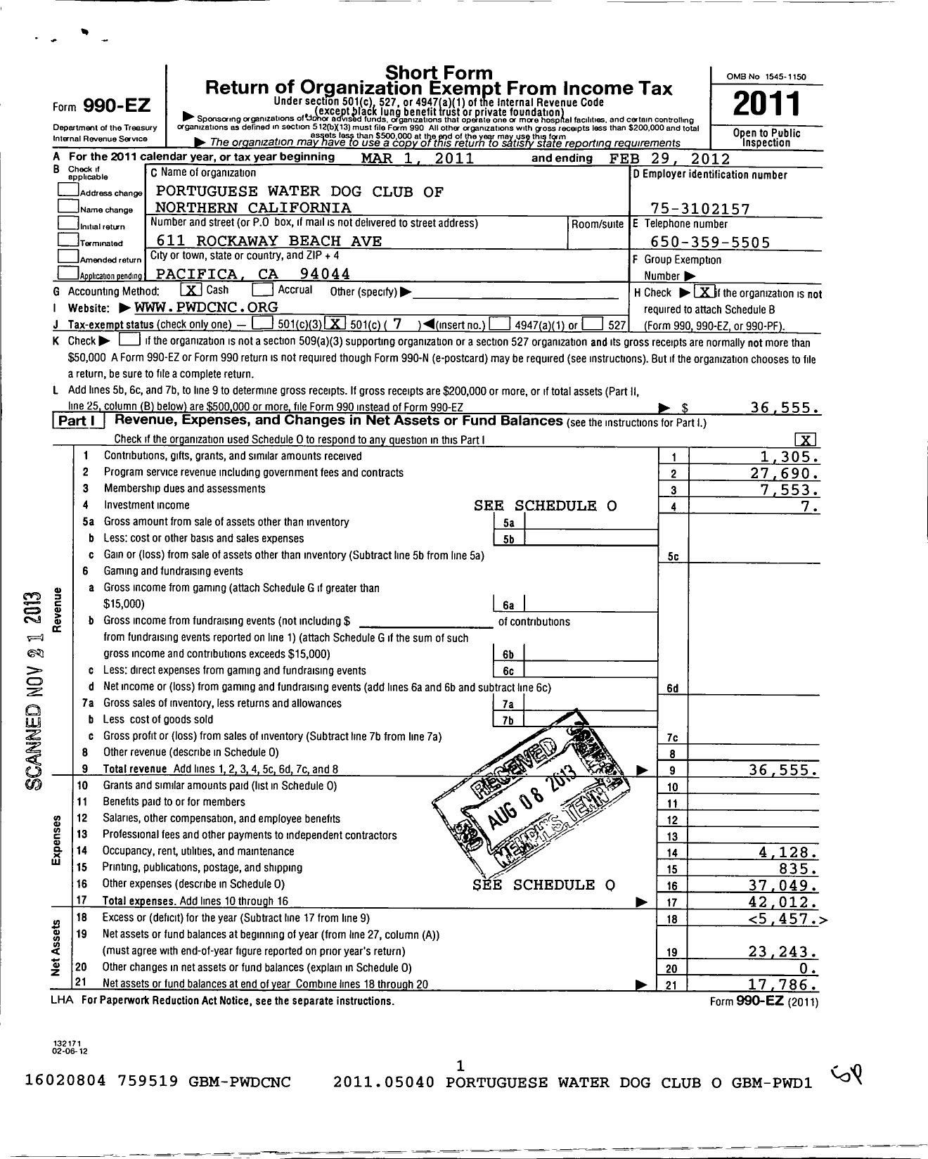 Image of first page of 2011 Form 990EO for Portuguese Water Dog Club of Northern California