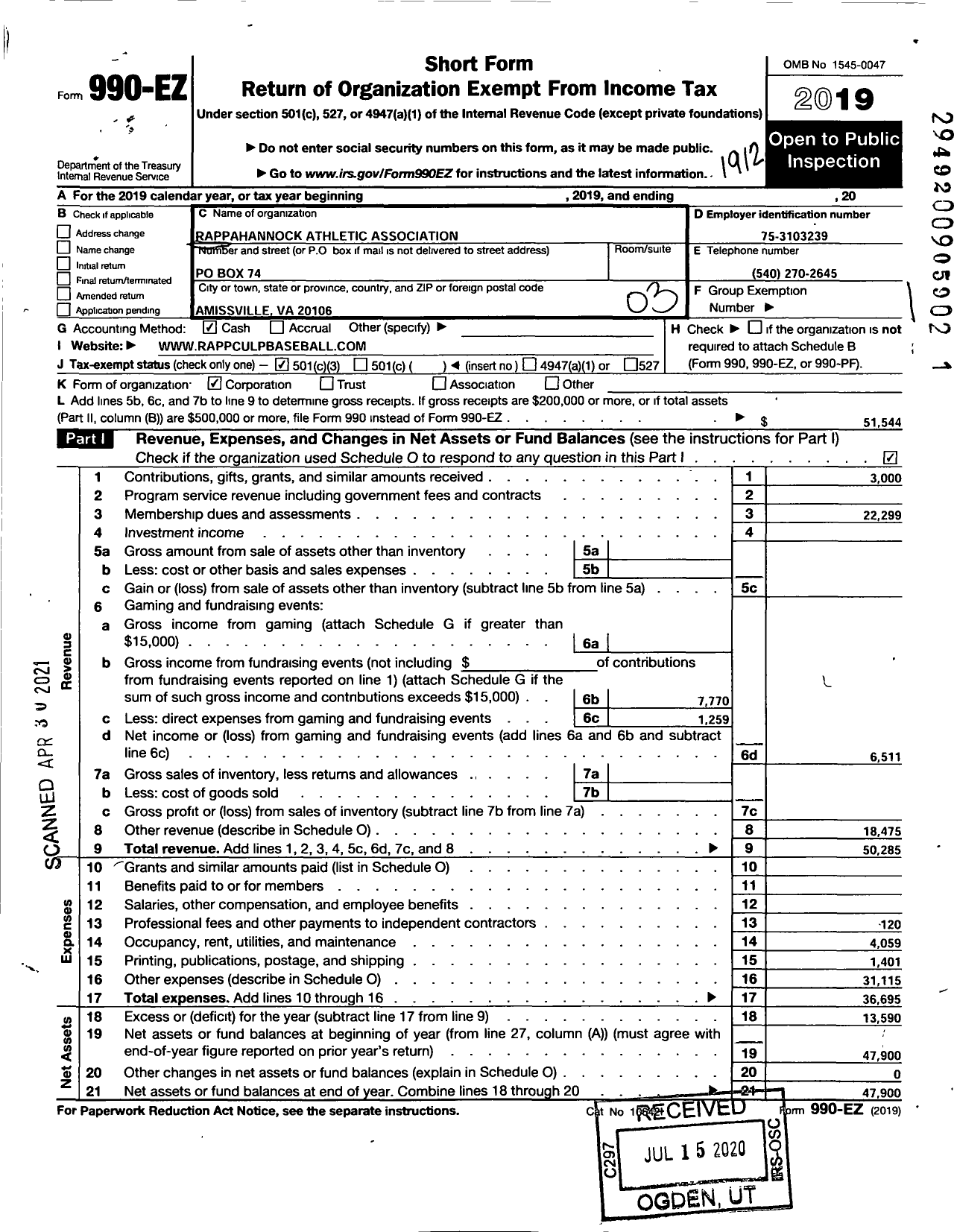 Image of first page of 2019 Form 990EZ for Rappahannock Athletic Association