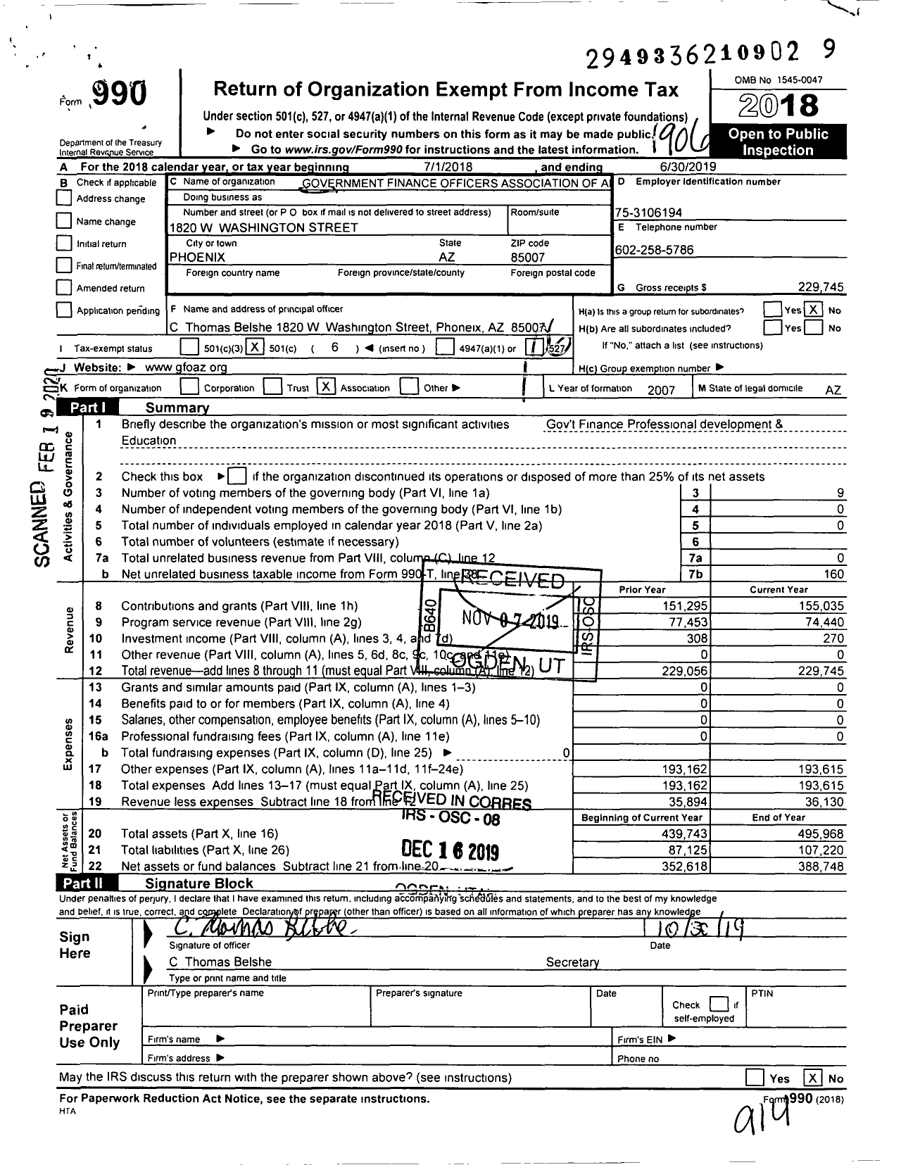 Image of first page of 2018 Form 990O for Government Finance Officers Association of Az