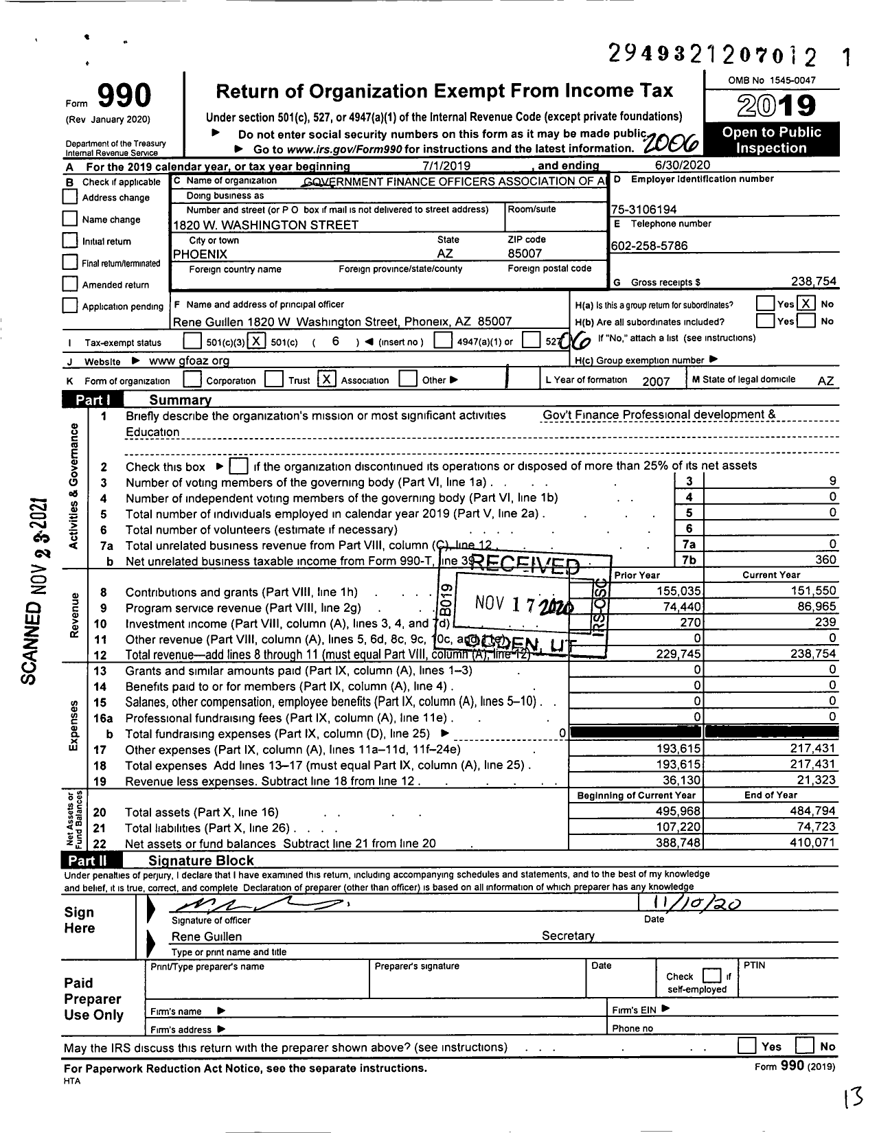 Image of first page of 2019 Form 990O for Government Finance Officers Association of Az