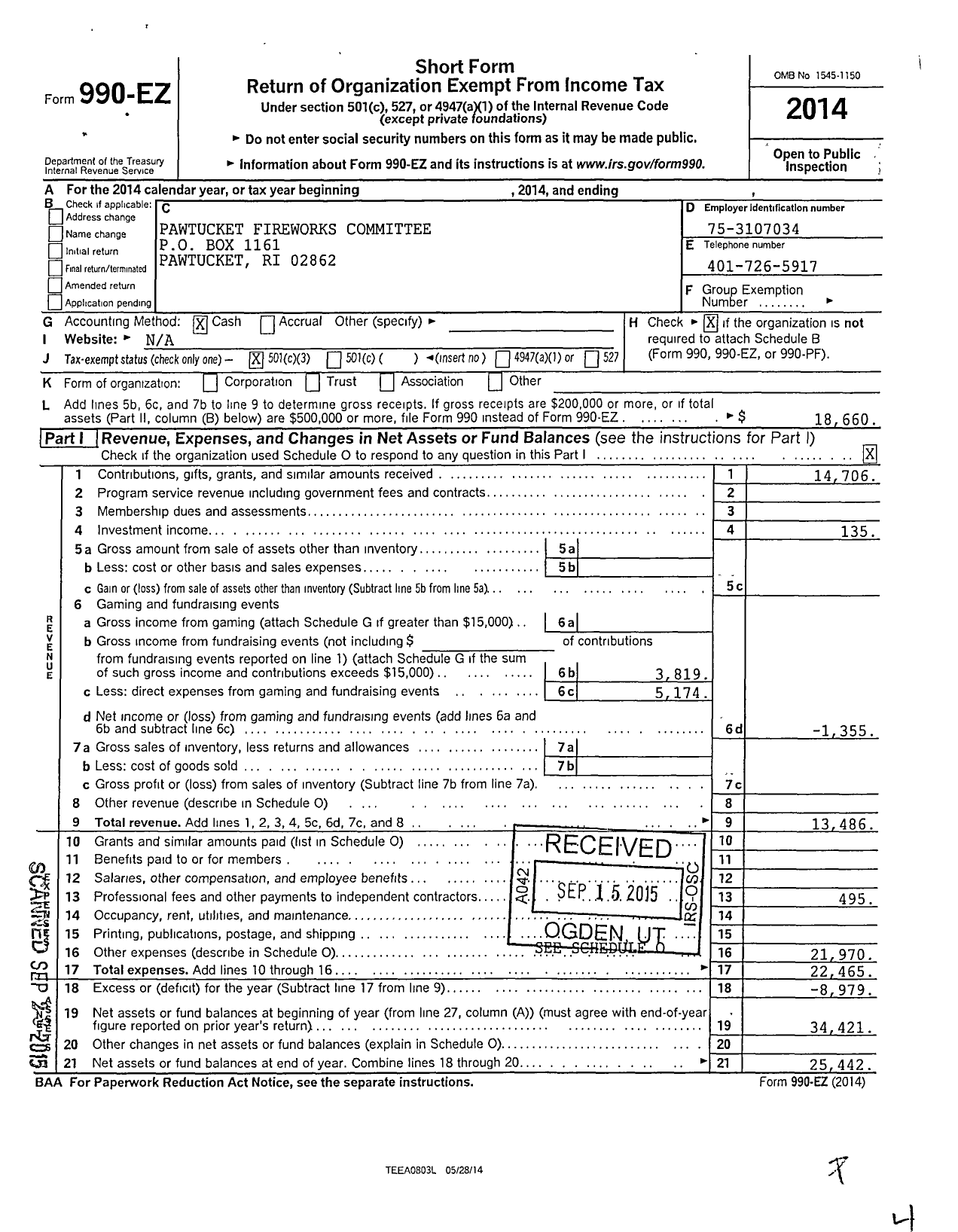 Image of first page of 2014 Form 990EZ for Pawtucket Fireworks Committee