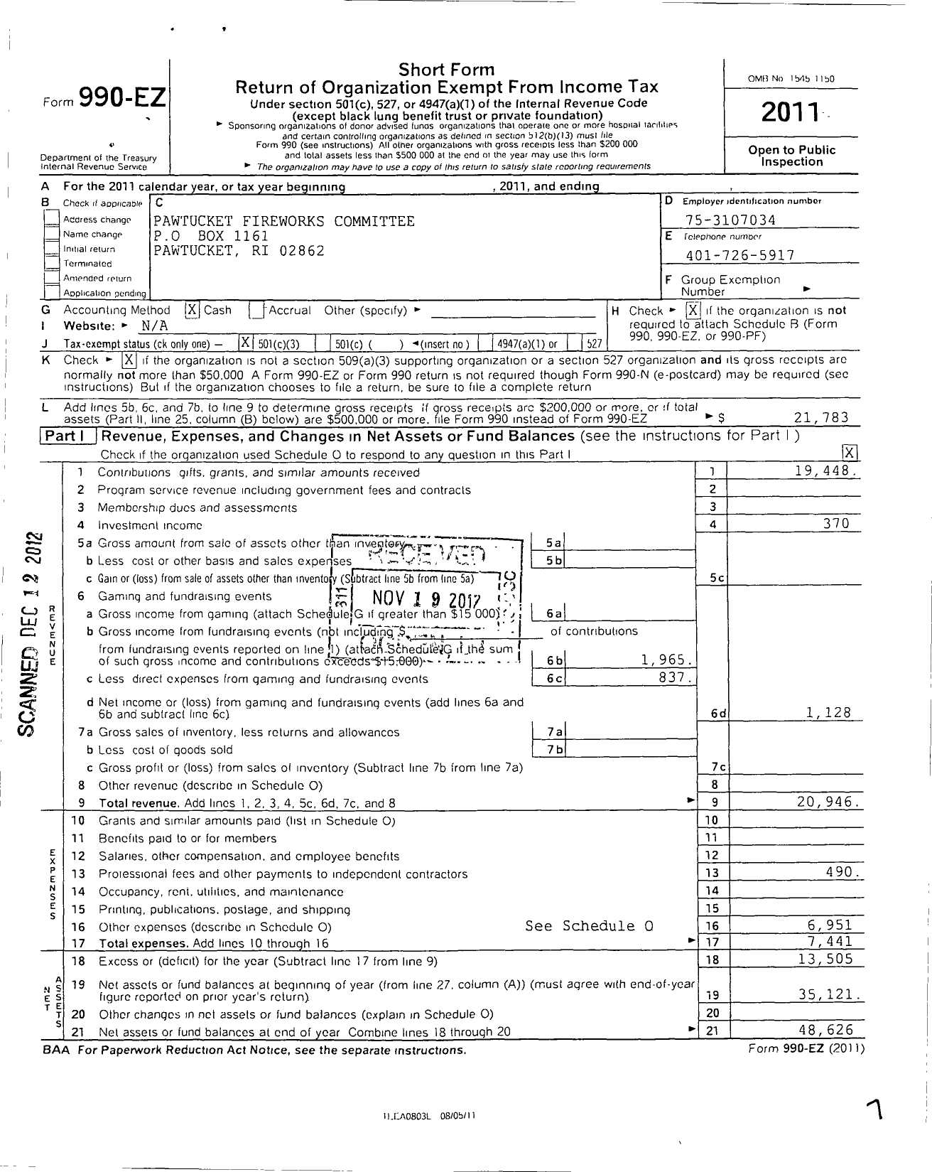 Image of first page of 2011 Form 990EZ for Pawtucket Fireworks Committee