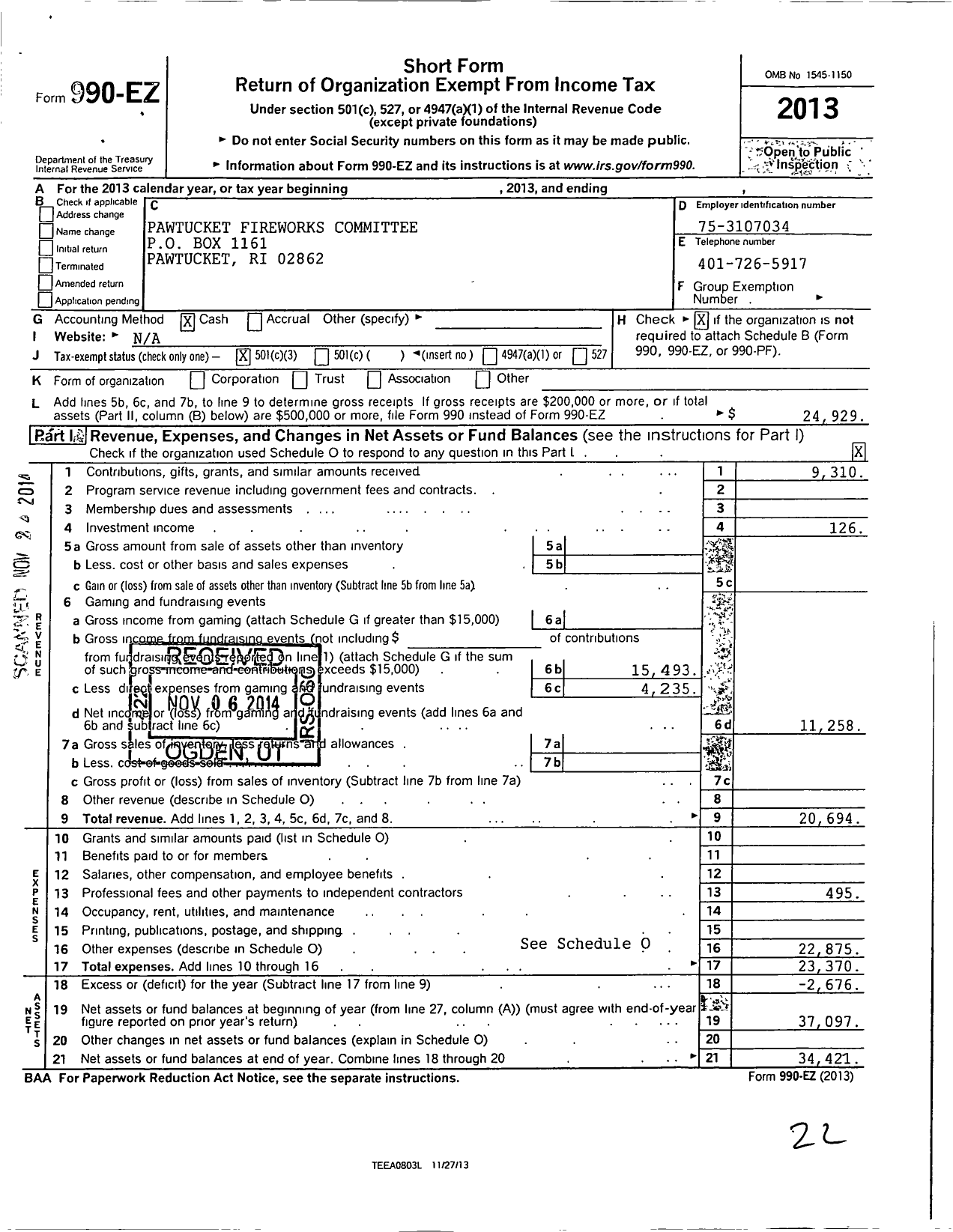 Image of first page of 2013 Form 990EZ for Pawtucket Fireworks Committee