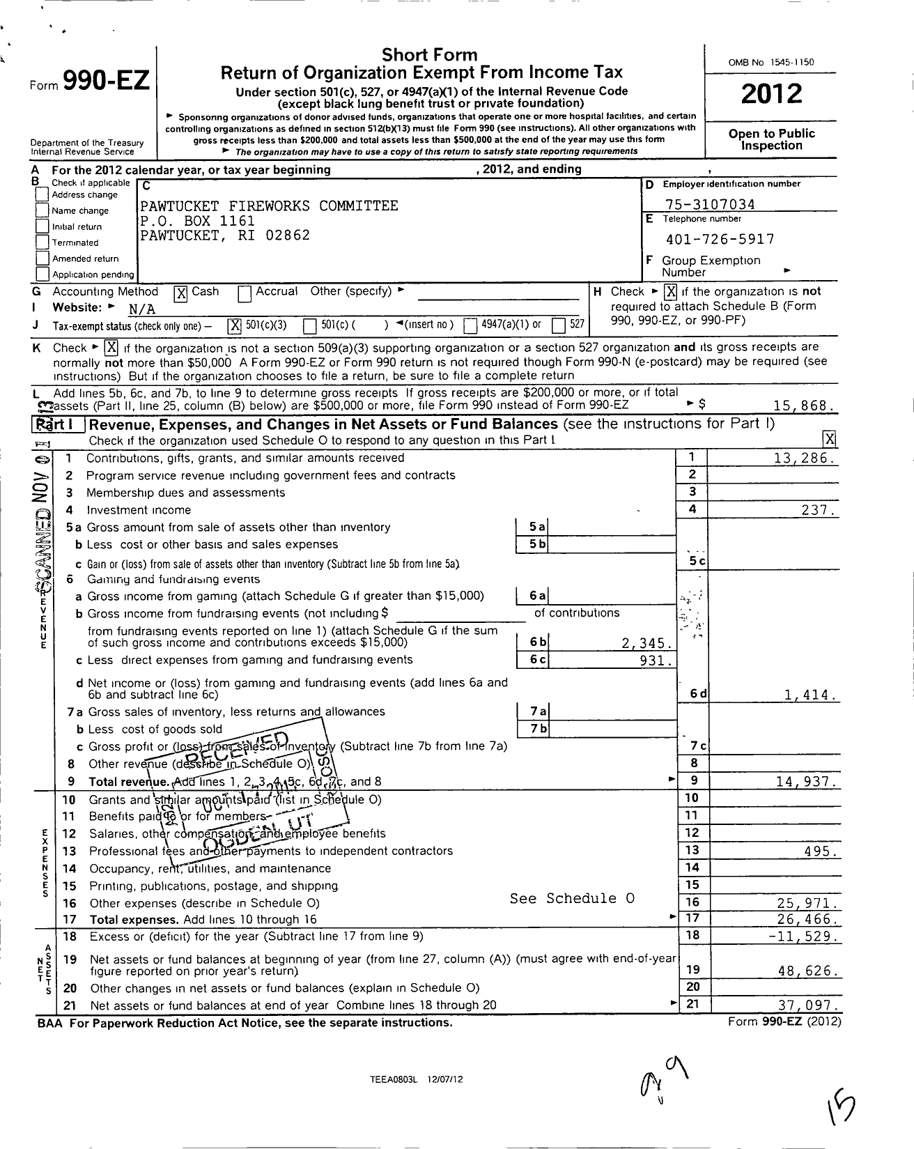 Image of first page of 2012 Form 990EZ for Pawtucket Fireworks Committee