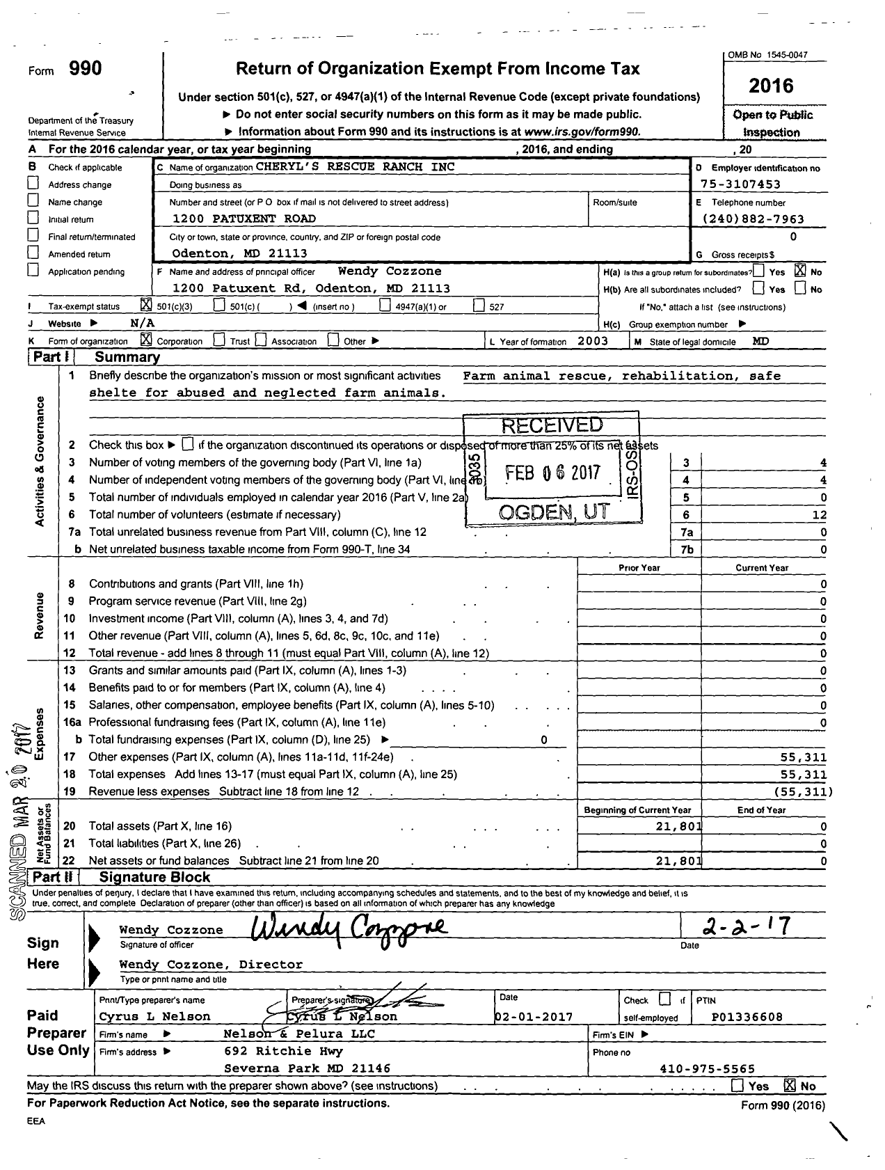 Image of first page of 2016 Form 990 for Cheryls Rescue Ranch