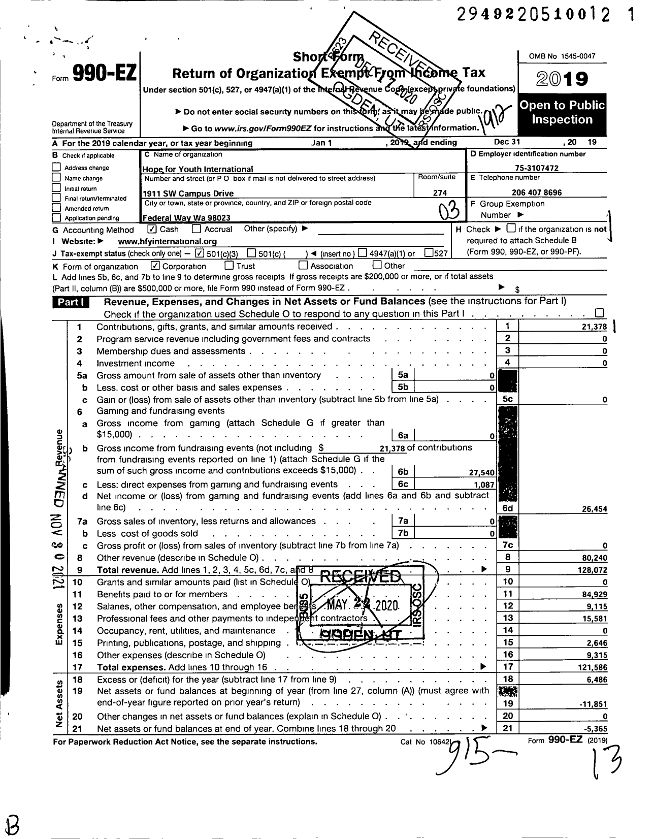 Image of first page of 2019 Form 990EZ for Hope for Youth International