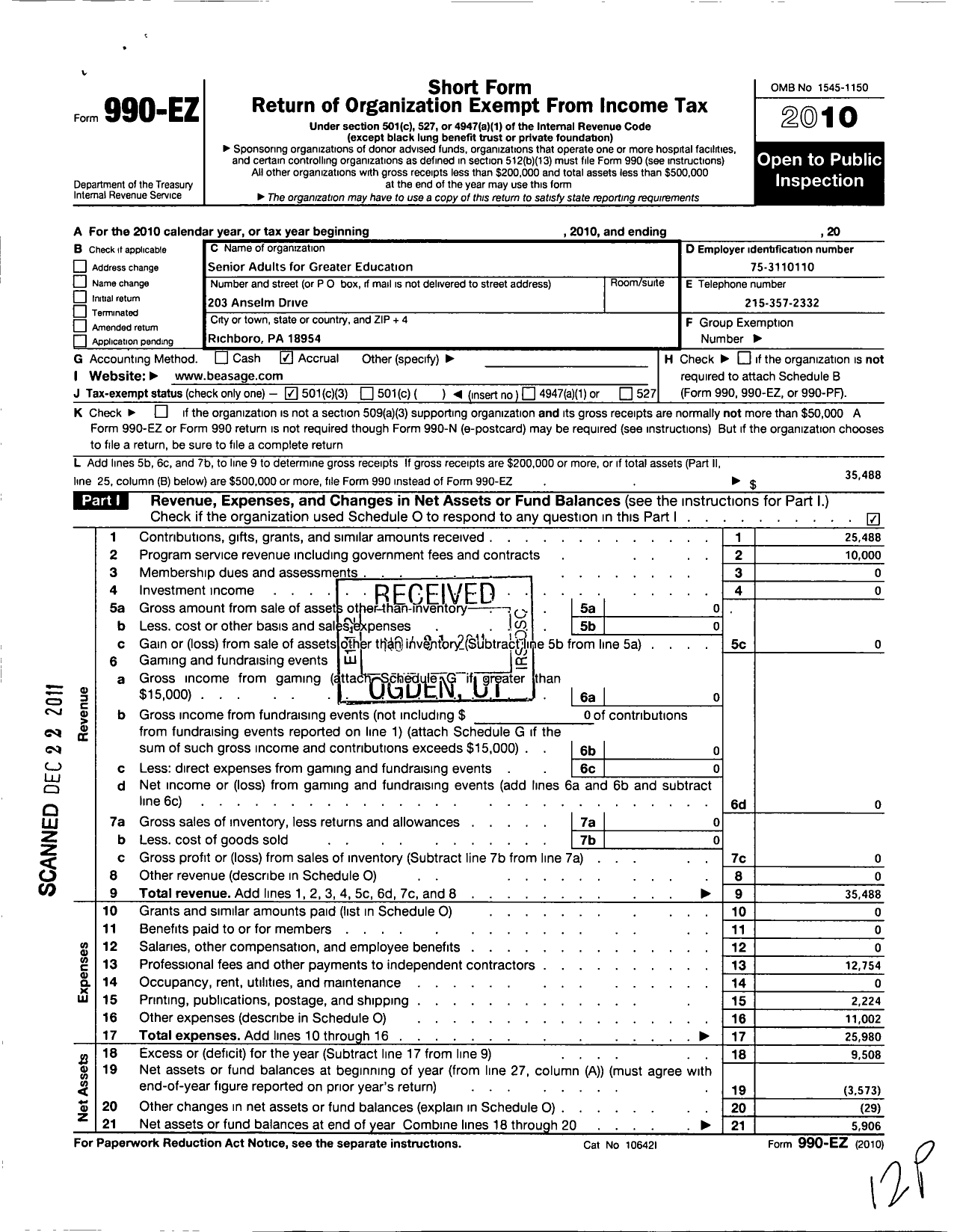 Image of first page of 2010 Form 990EZ for Senior Adults for Greater Education