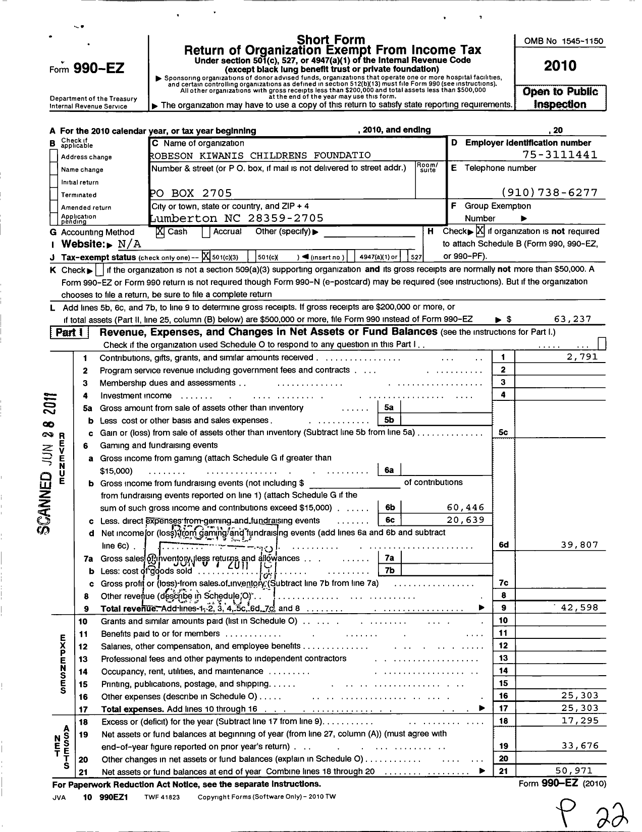 Image of first page of 2010 Form 990EZ for Robeson-Lumberton Kiwanis Children's Foundation