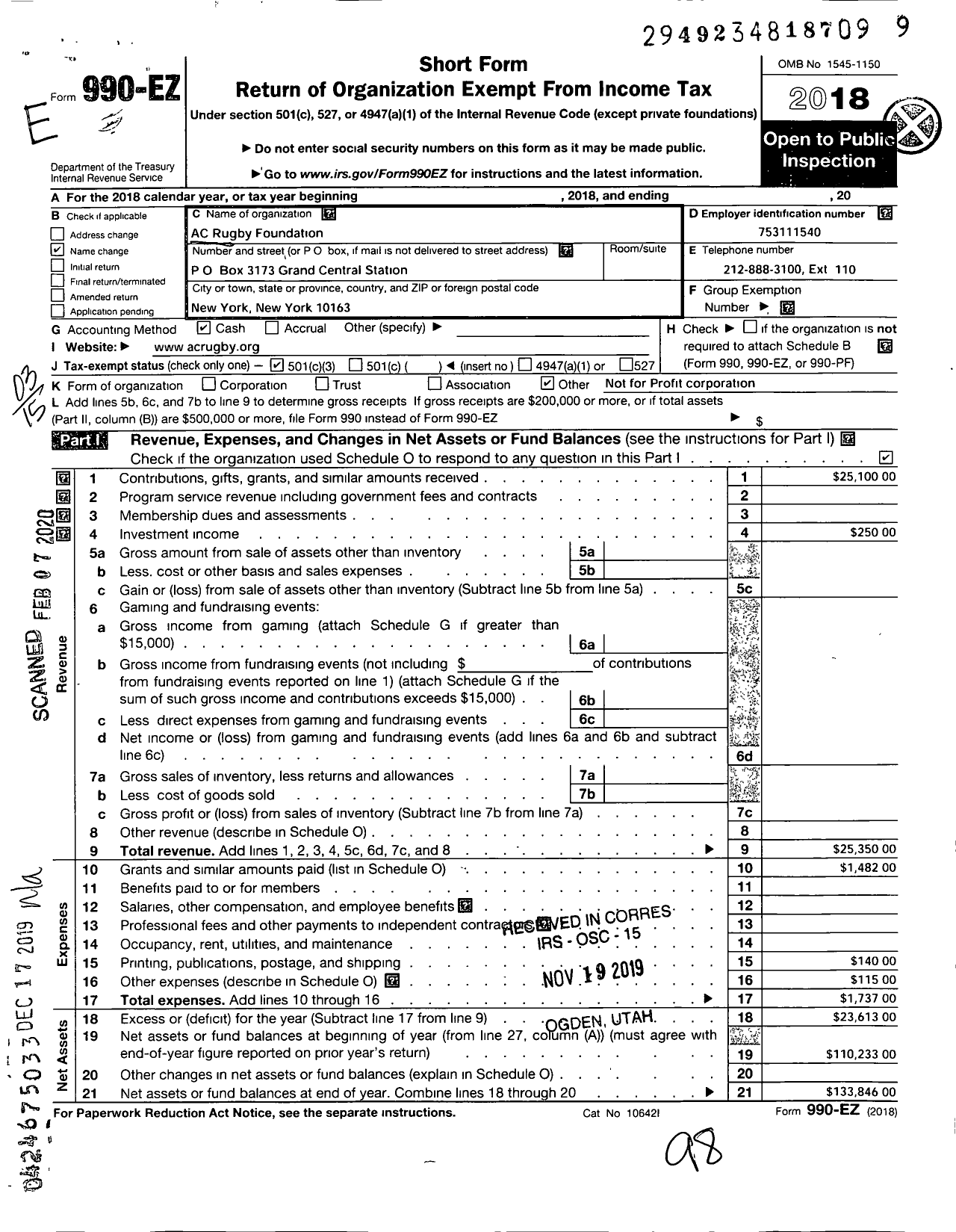 Image of first page of 2018 Form 990EZ for Ac Rugby Foundation