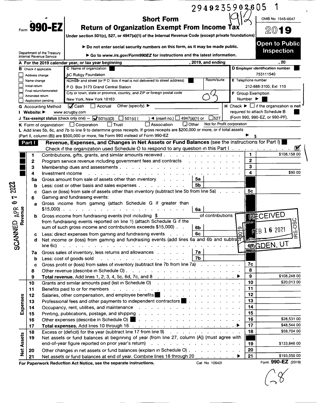 Image of first page of 2019 Form 990EZ for Ac Rugby Foundation