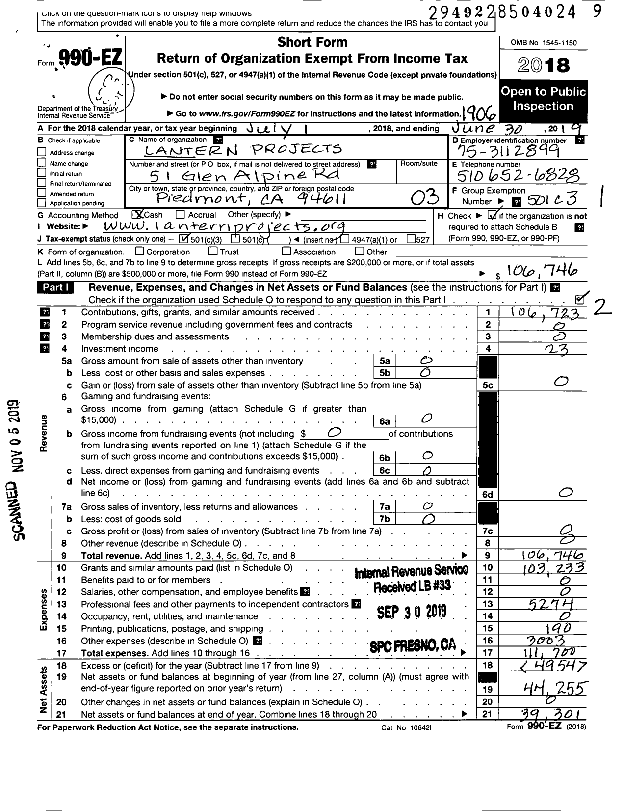 Image of first page of 2018 Form 990EZ for Lantern Projects Lantern Projects