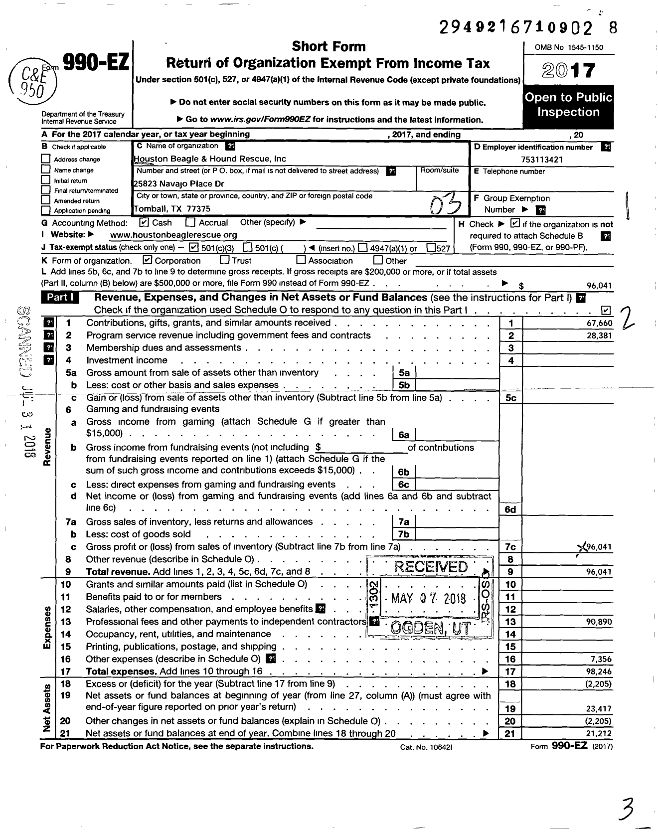 Image of first page of 2017 Form 990EZ for Houston Beagle and Hound Rescue