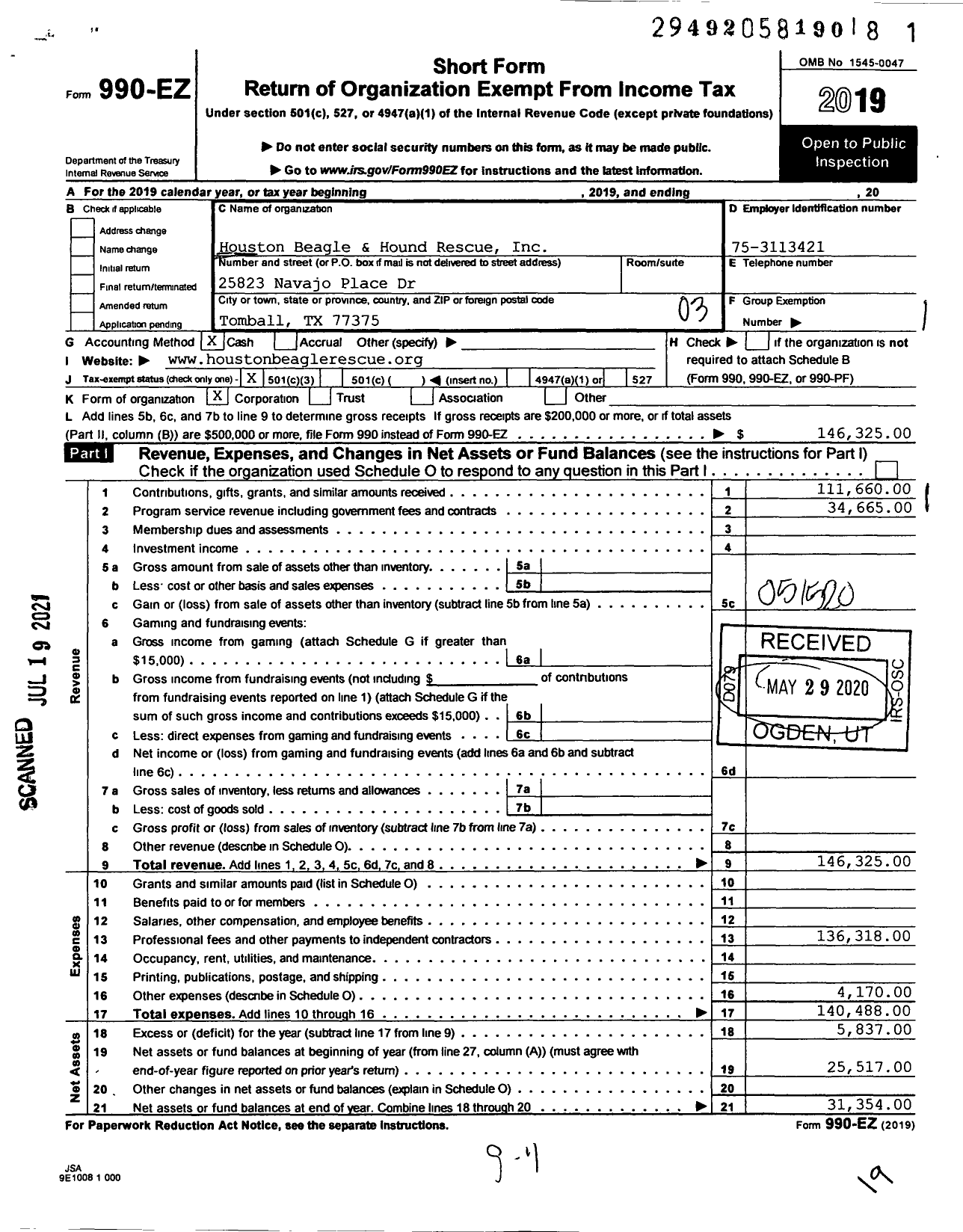 Image of first page of 2019 Form 990EZ for Houston Beagle and Hound Rescue