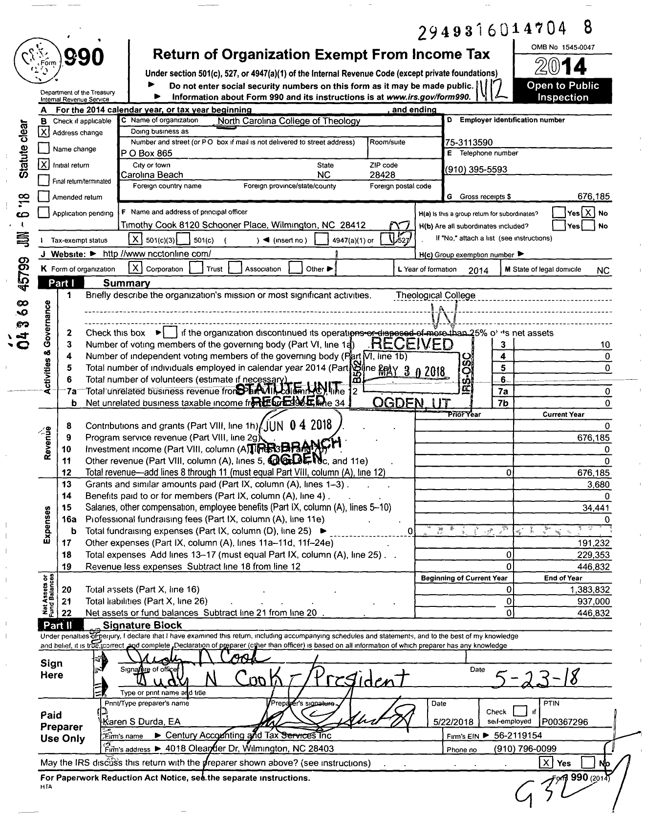 Image of first page of 2014 Form 990 for North Carolina College of Theology