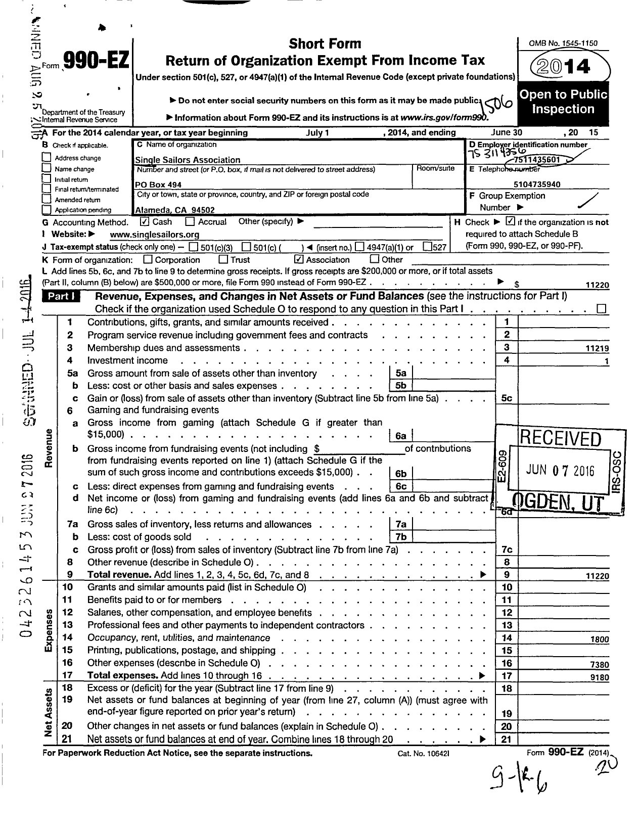 Image of first page of 2014 Form 990EO for Single Sailors Association